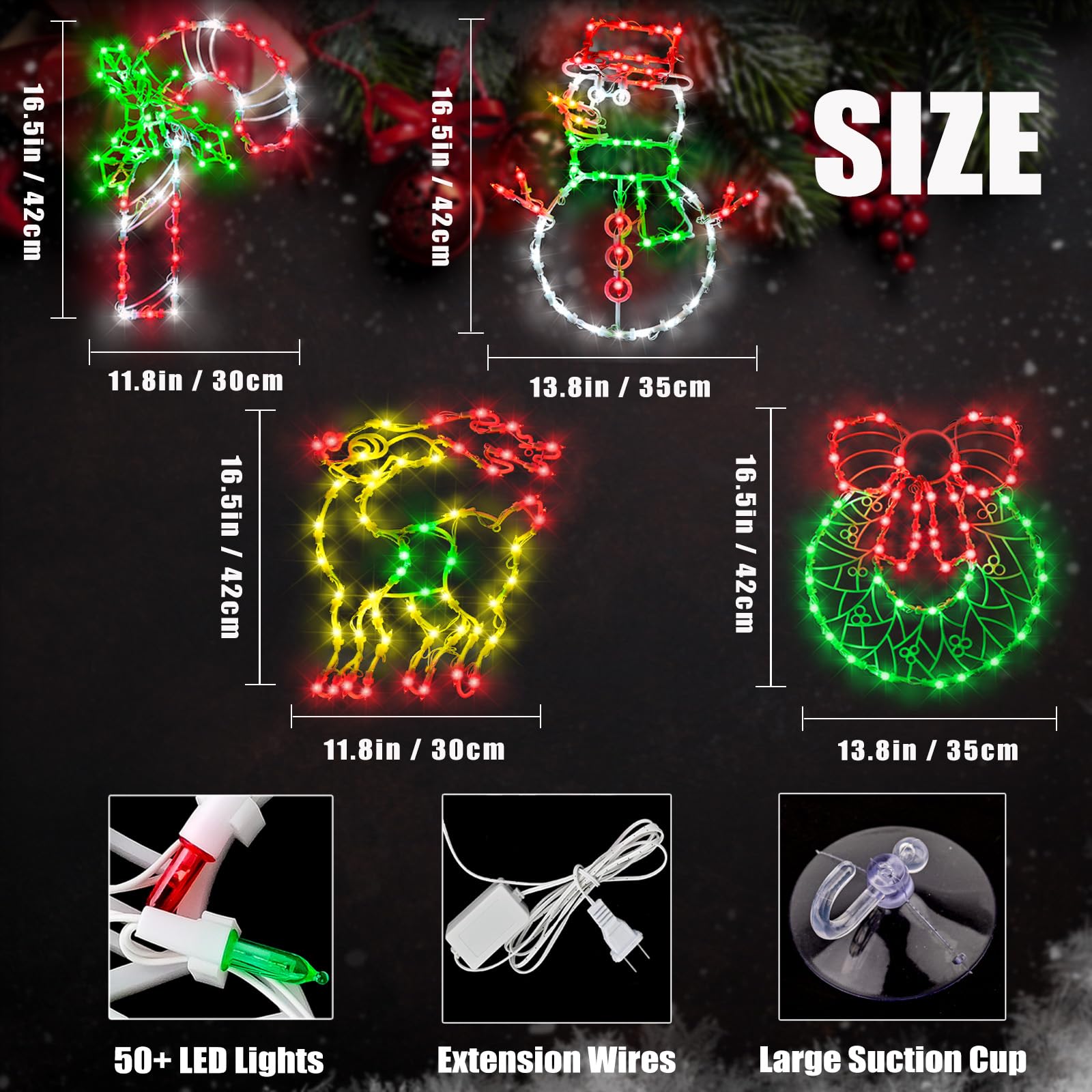 LOCYFENS Christmas Window Lights - 16.5in LED Decorations, 4 Pack (Reindeer, Snowman, Wreath, Candy Cane), Multicolor, Model JYD-GLHX