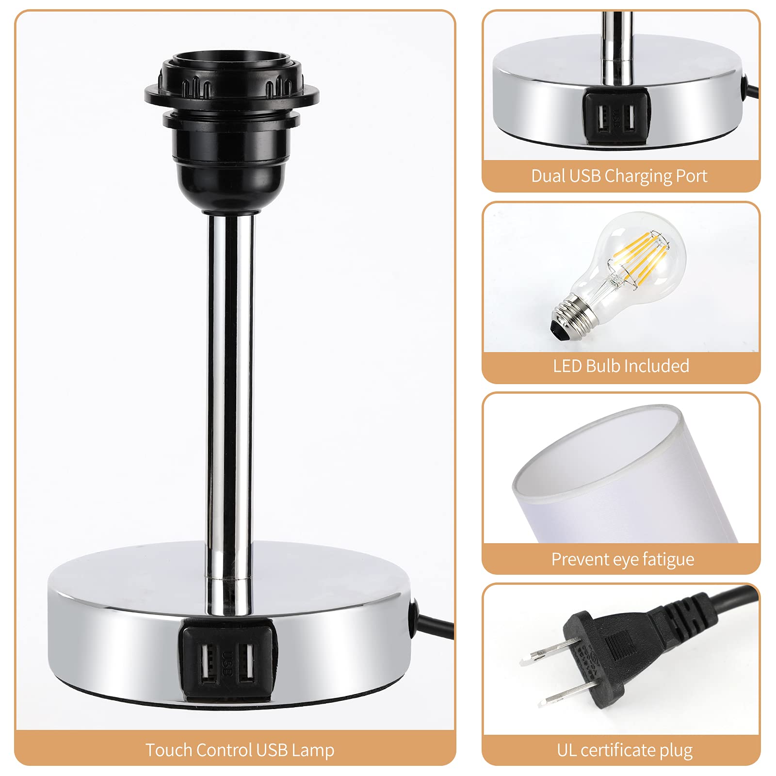 Yarra-Decor Touch Control Bedside Lamp with USB Port, 3-Way Dimmable, White Linen Shade, Ideal for Bedroom, Living Room, Home Office
