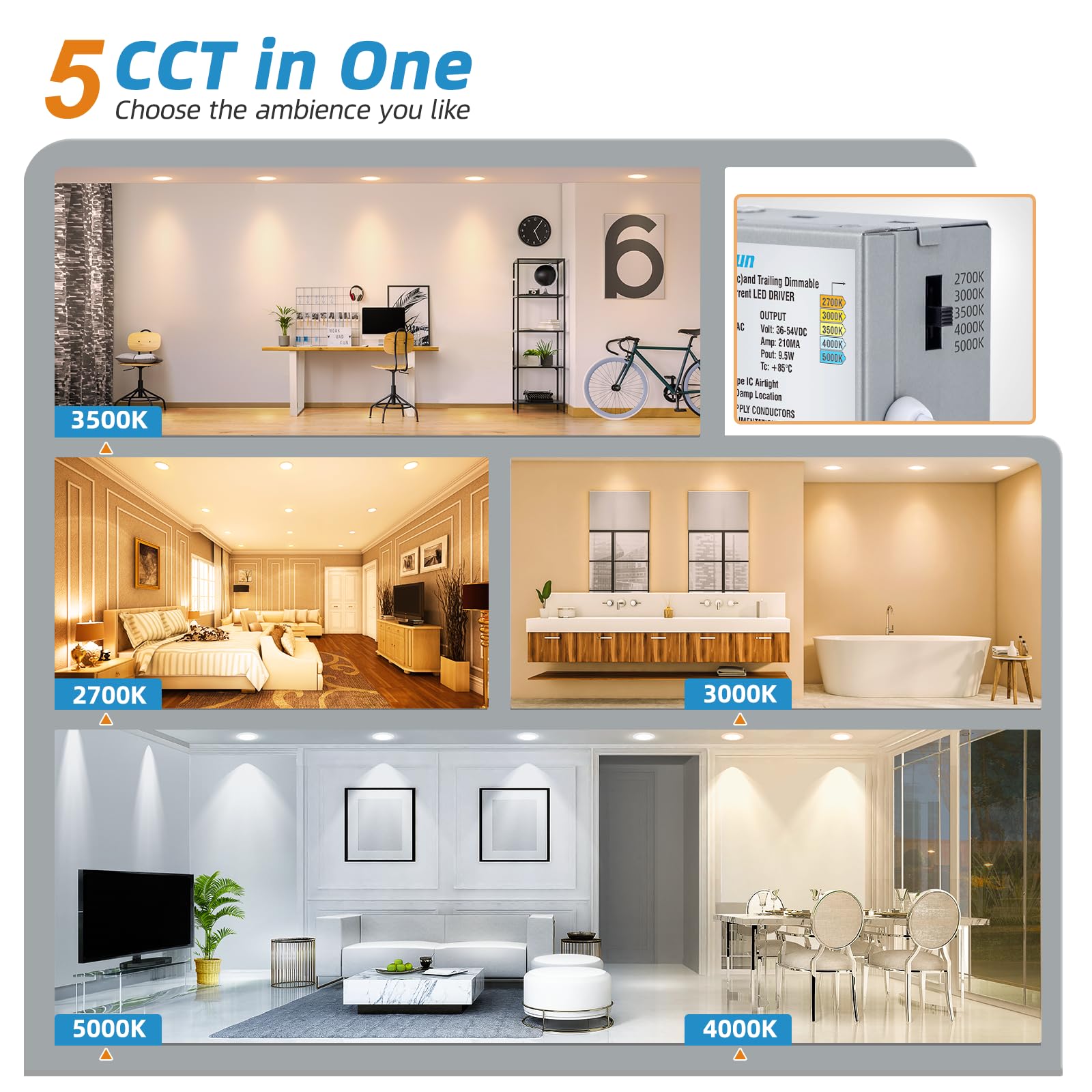 Volisun 12 Pack 4 Inch Recessed Lighting, 5Cct Led Recessed Light With Junction Box, 2700K-5000K Selectable, 9.5W Eqv 80W, 810Lm