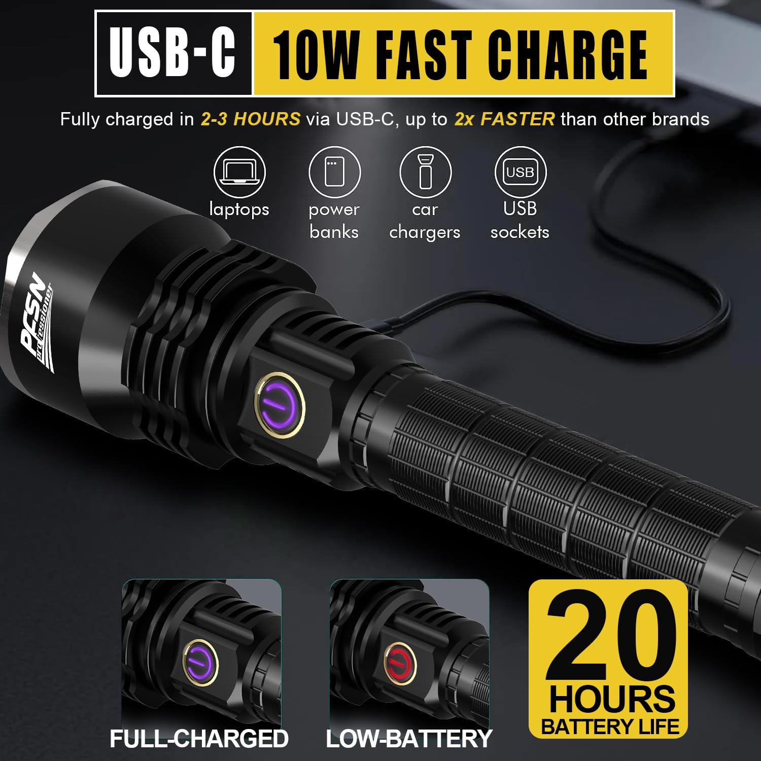 PFSN 6000LM Rechargeable Tactical Flashlight - IPX65 Waterproof, 400M Range, Anodized Aluminum, 20Hrs Long Lasting, Model FBA-TCP
