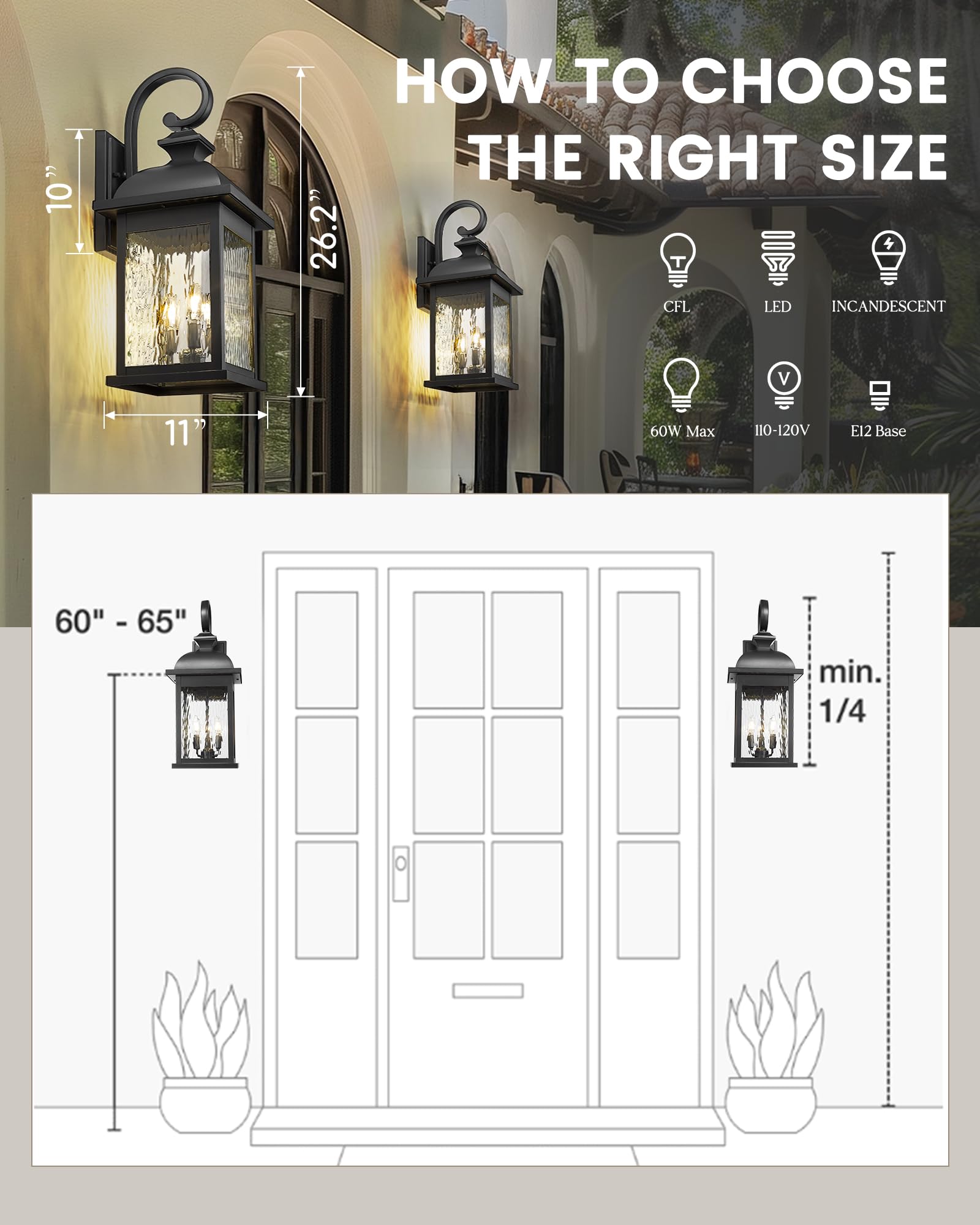 FEMILA 26" Outdoor Wall Light - Matte Black 3-Light Lantern with Water Ripple Glass for Entryway, Patio, Garage, and Doorway