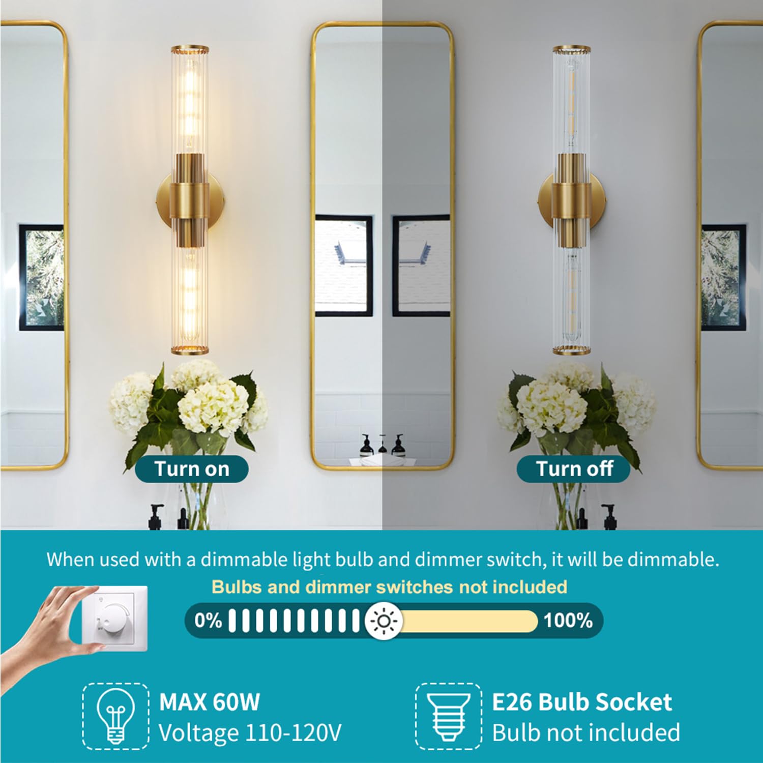 Vaziden Gold 2 Light Bathroom Vanity Lights, 20 Inch Threaded Glass Shade, Metal Wall Sconces for Mirror, 2 Pack, Model 3393-2P
