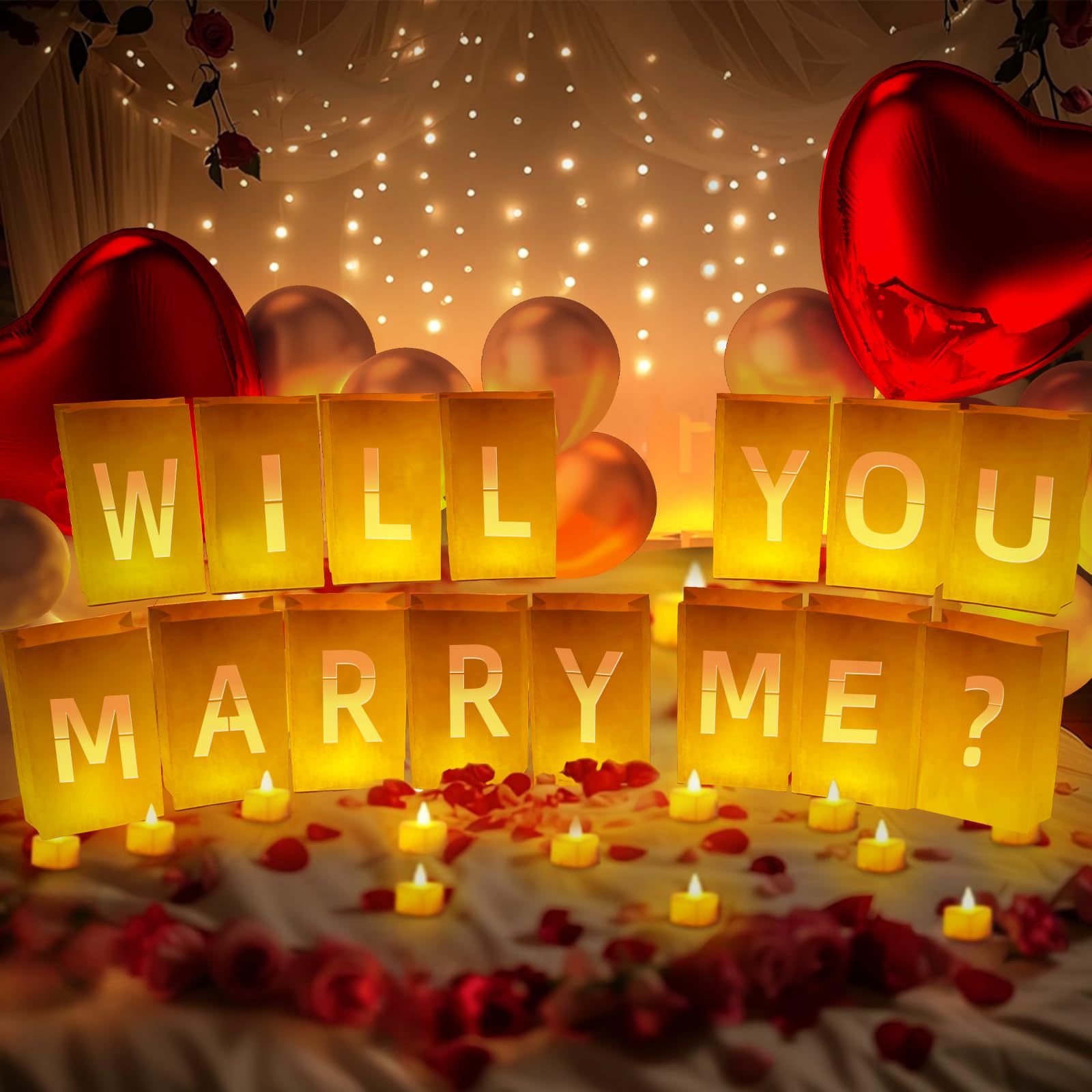 Will You Marry Me ? Light Up Letters  Include Light Up Letters  With Tea Lights Candles  Latex Balloons  Aluminum Balloons And Rose Petals  Anniversary And Valentines Day Decorations For Women