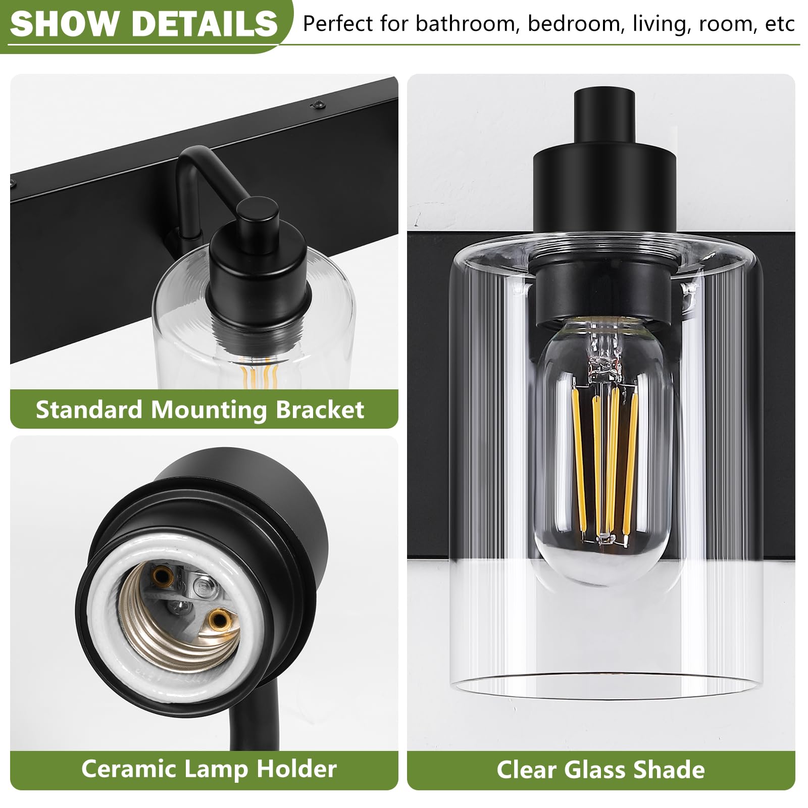 Dpyrrhic Matte Black 2-Light Bathroom Lights Over Mirror With Clear Glass Shade, Modern Bathroom Light Fixtures For Kitchen Livi