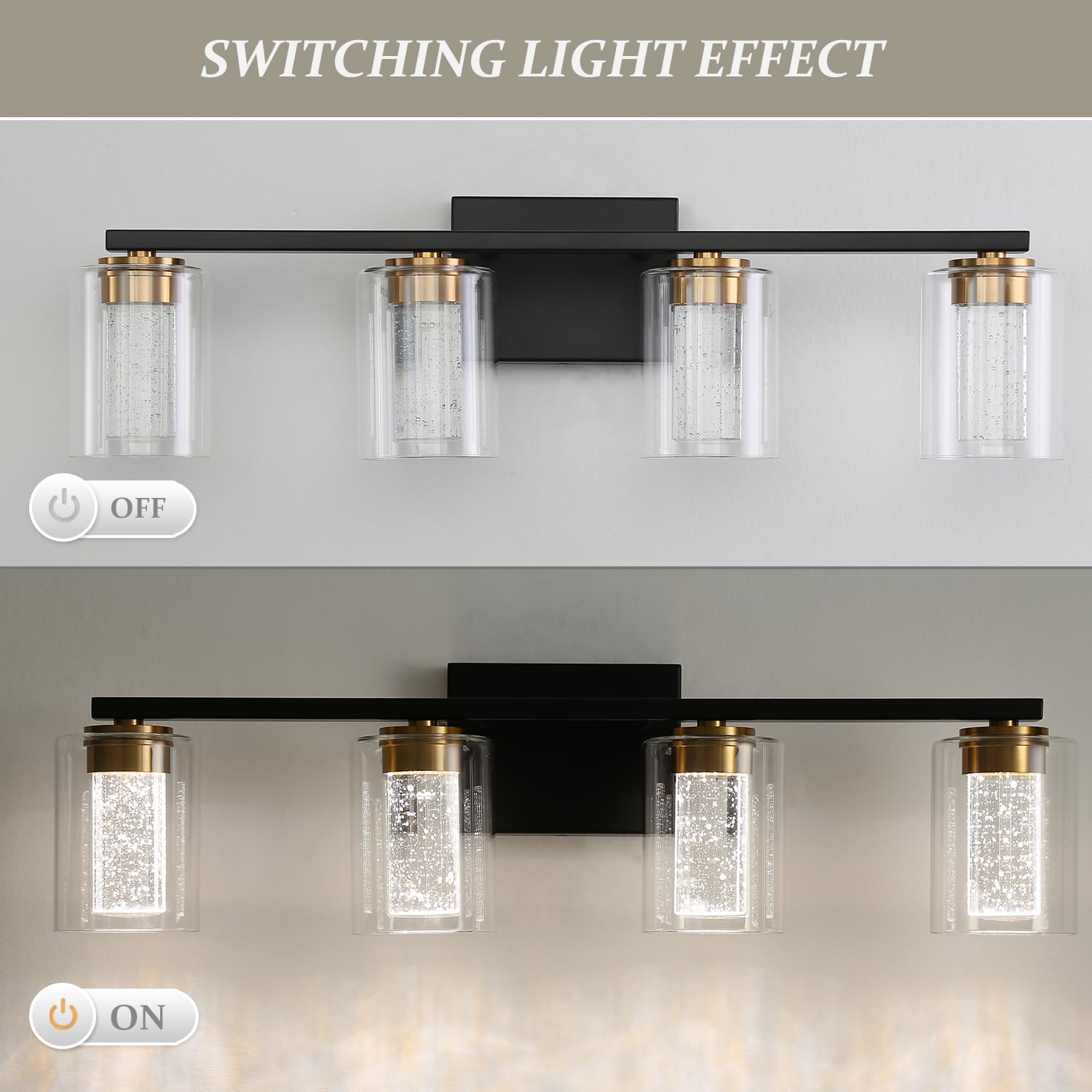 Emong 4-Light Black&Gold Bathroom Light Fixtures,Dimmable 5Cct Led Vanity Lights With Clear Glass,2700K-6500K Adjustable Crystal Bubble Black Bathroom Vanity Light Over Mirror For Hallway