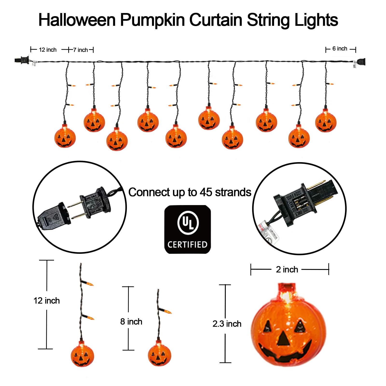Halloween Pumpkin Curtain Lights, 25 Led 7Ft Halloween Pumpkin String Lights With 10 Jack O Lantern Lights Connectable For Halloween Window Bedroom Camper Party Decorations Indoor And Outdoor