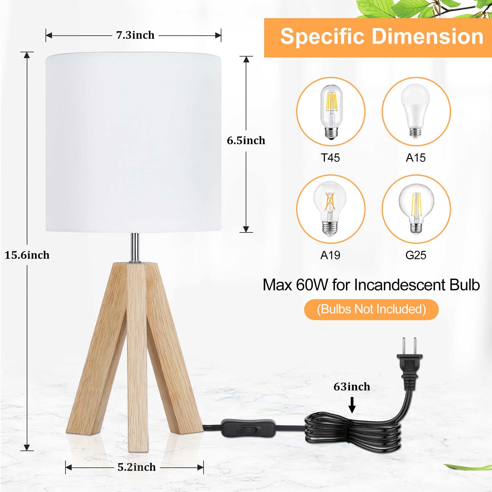 Brightever Small Wood Tripod Table Lamp with White Fabric Shade, Minimalist Design for Bedroom, Living Room, Office - Model TY-2022008