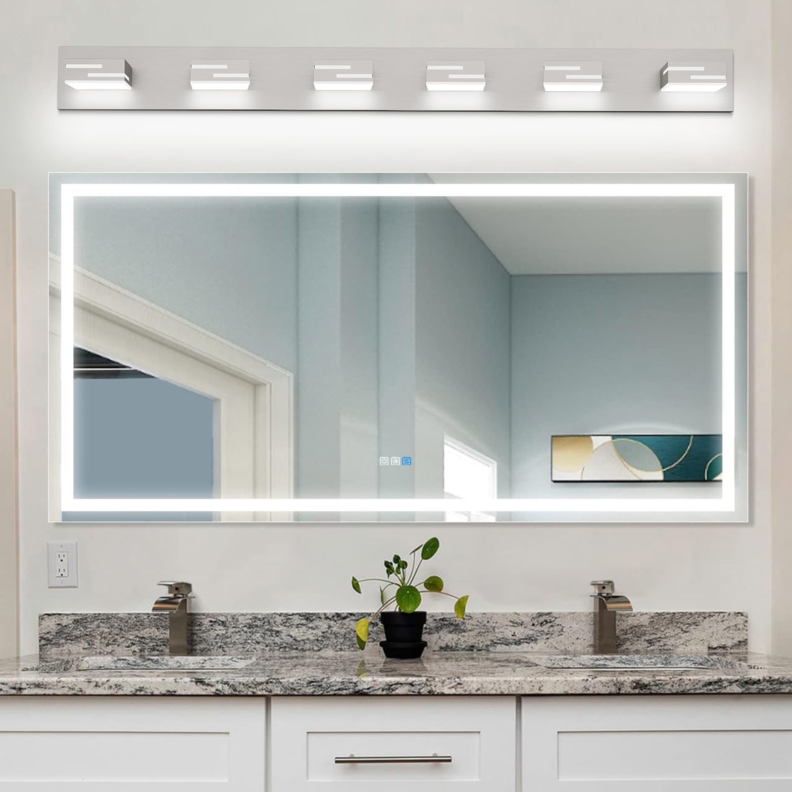 Lkhf Led Modern Bathroom Vanity Light Fixtures  6-Light 40-Inch Dimmable Brushed Nickel Vanity Lights For Bathroom Lighting Fixtures Over Mirror  With 350?Rotatable Acrylic Heads (Cool White 6000K)