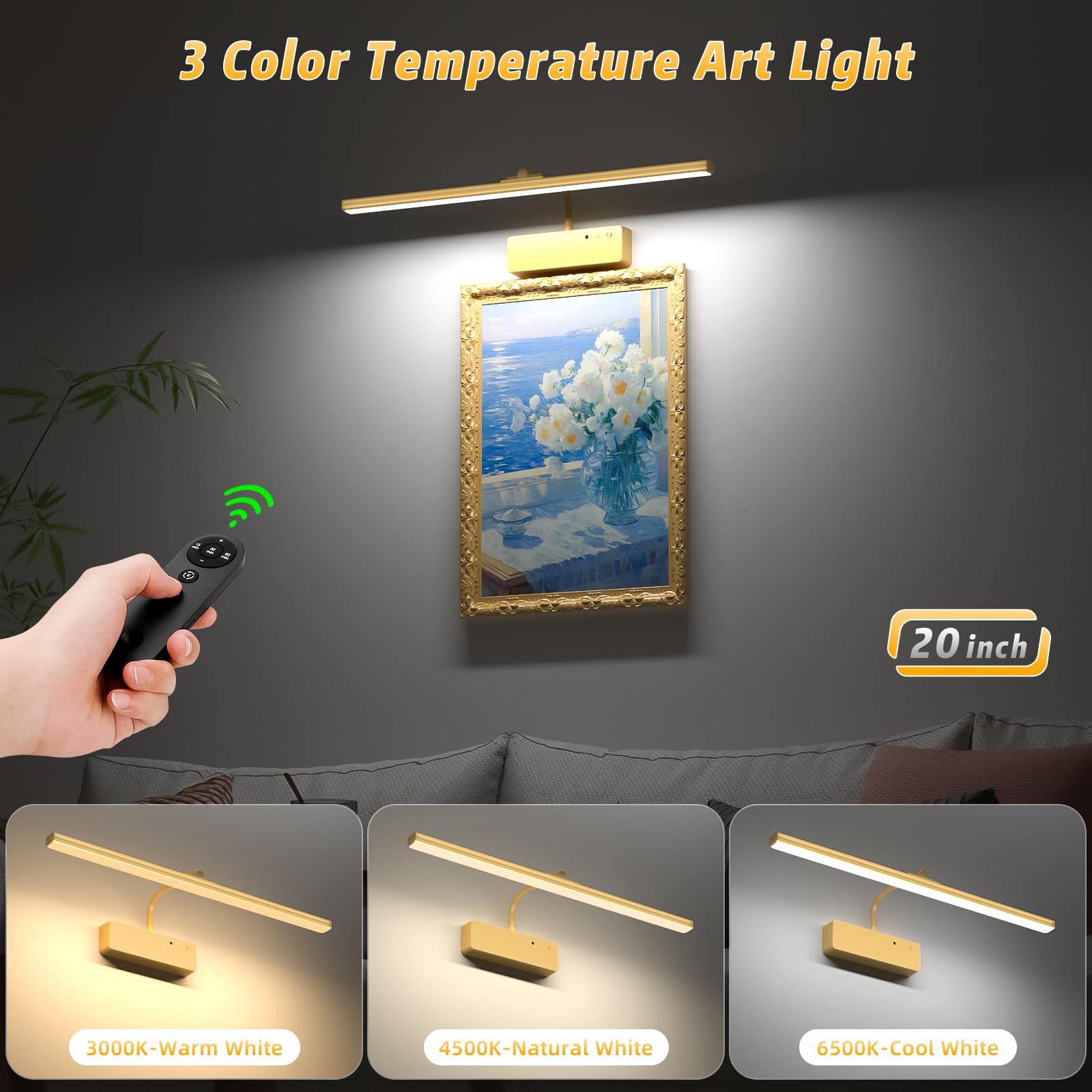 Lightbiz Picture Light with Remote, 20inch Gold Aluminum Art Light, Dimmable, Timer for Paintings and Gallery Display