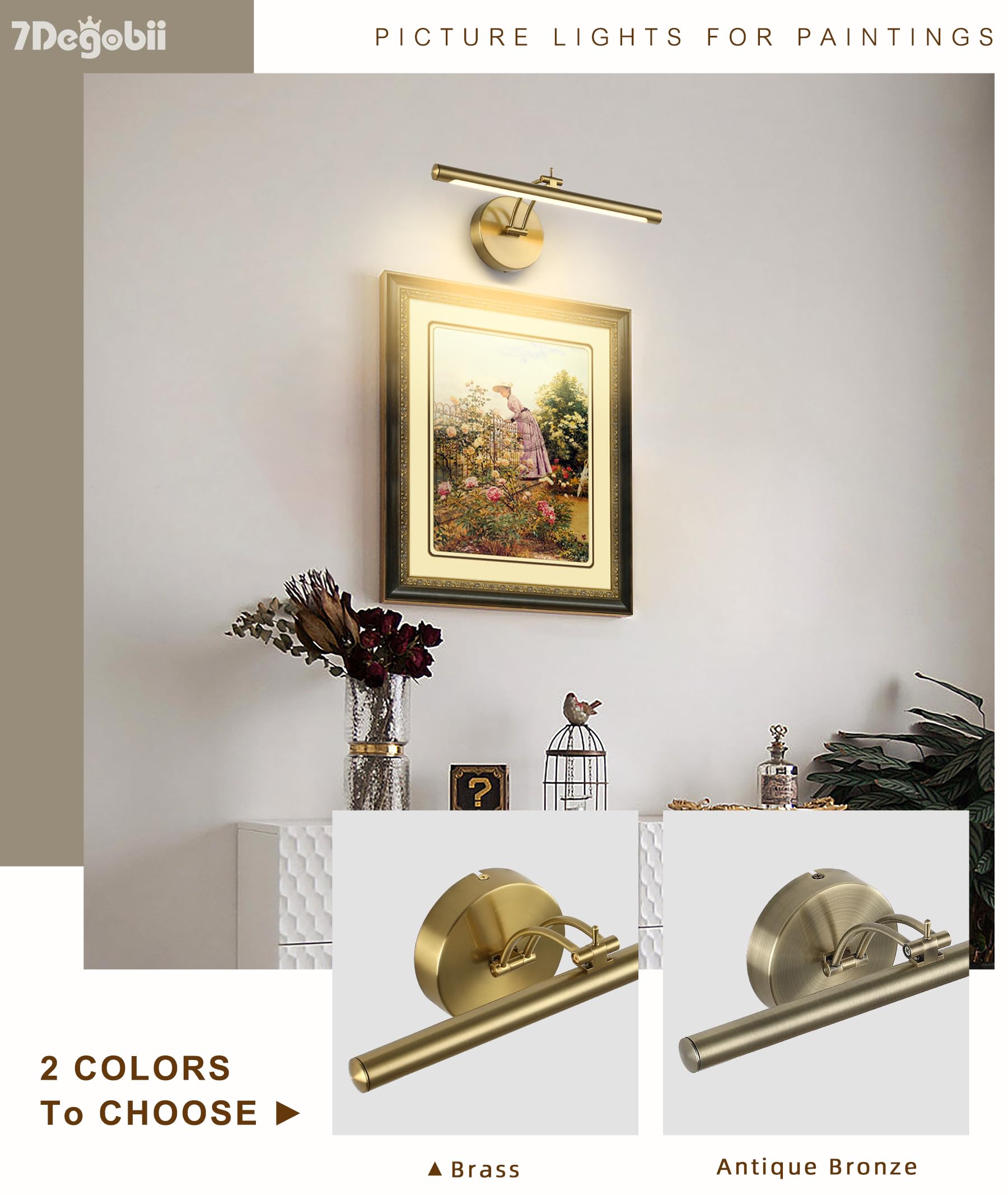 7Degobii Picture Light Dimmable Hard Wired 15.75 Inch Adjustable Swing Arm Brass Wall Lights For Pictures Led Display Light For Artwork 7W Warm White