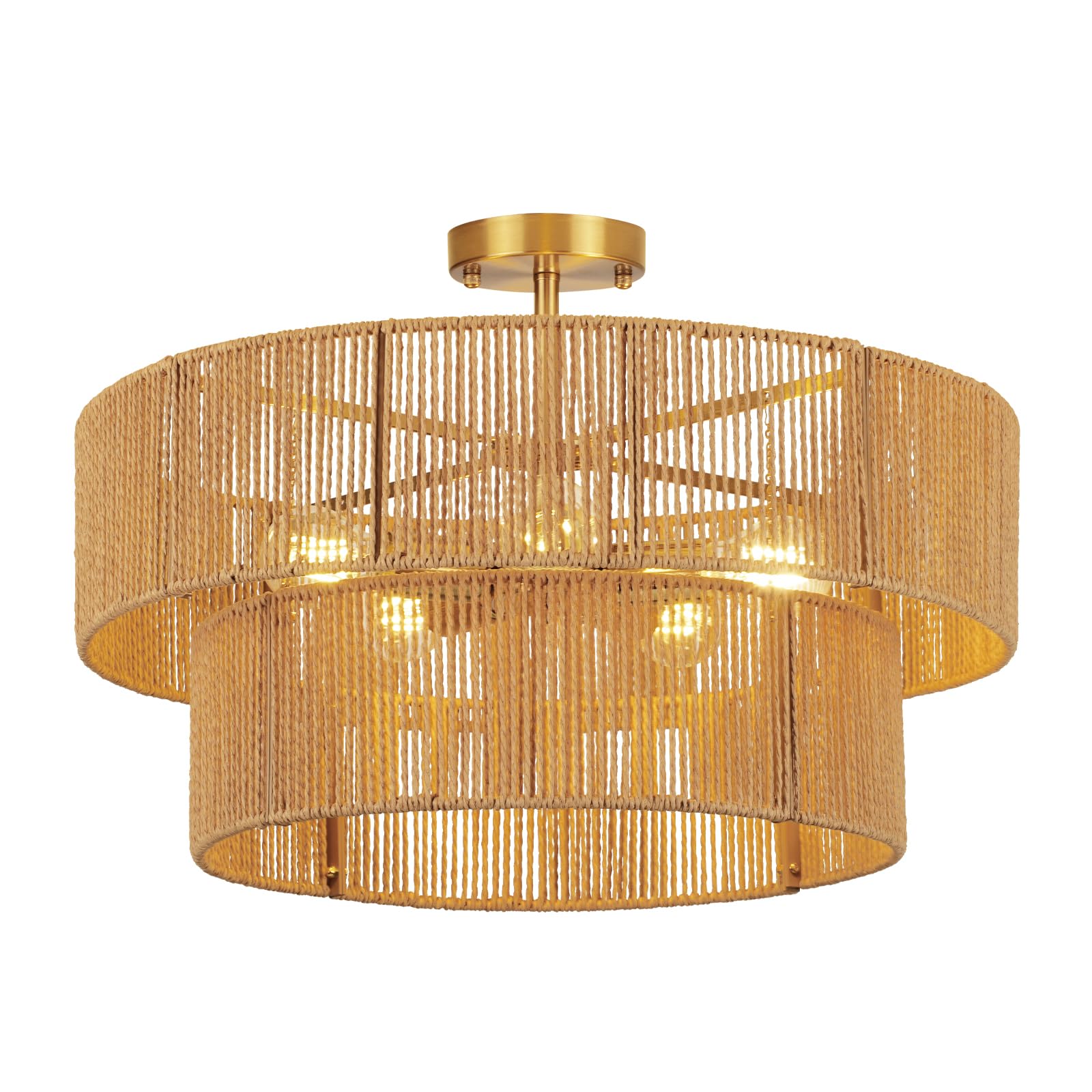 Clarsyne 22  Boho 2-Tier Rattan Ceiling Light Fixture  5-Light Flush Mount Woven Chandelier For Bedroom  Dining Room  Kitchen  Entryway  Living Room  Rustic Gold Lighting