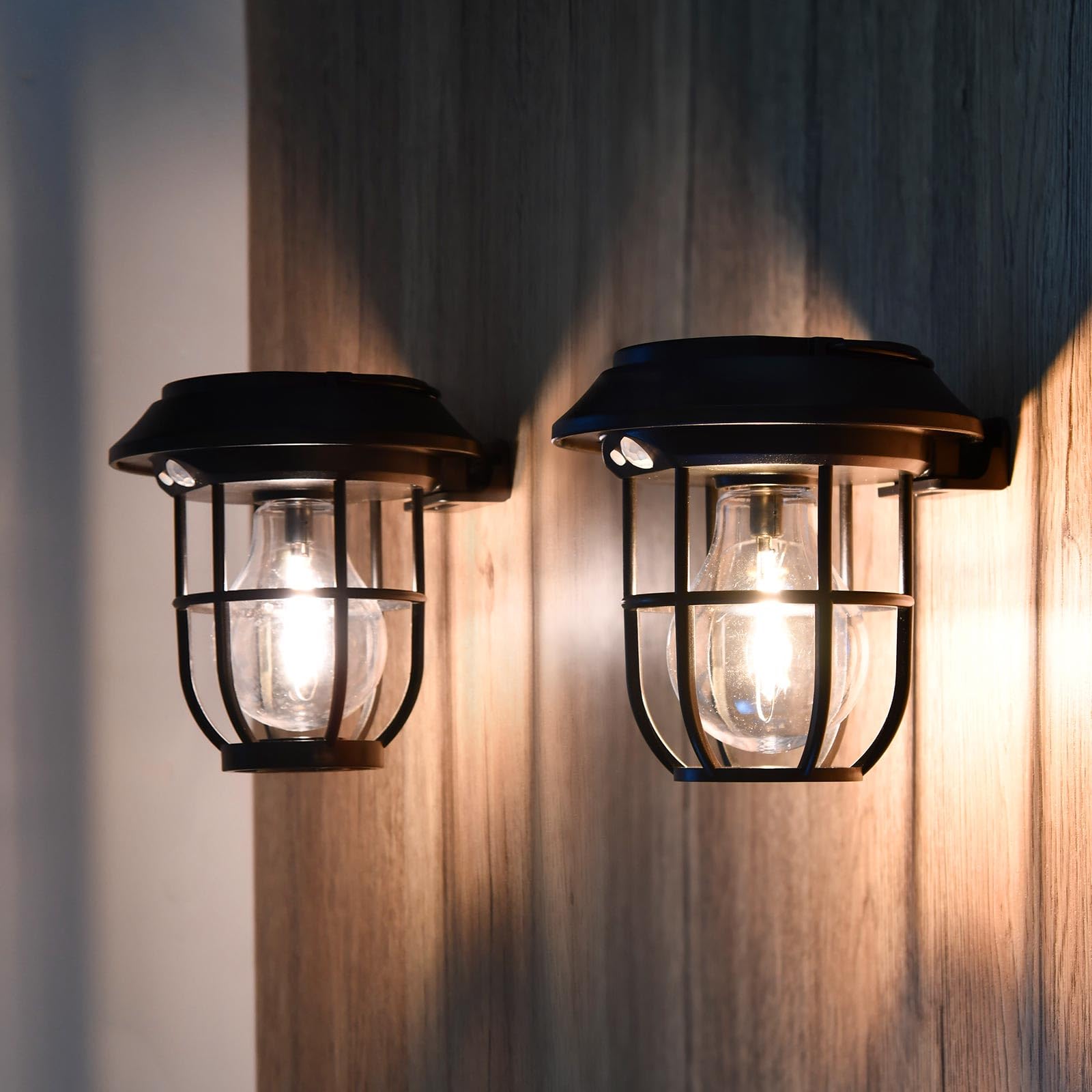 Sunfee 2 Pack Solar Lantern Wall Lights Fixtures with Motion Sensor, Solar Powered Porch Light, Vintage Hanging Solar Wall Sconc
