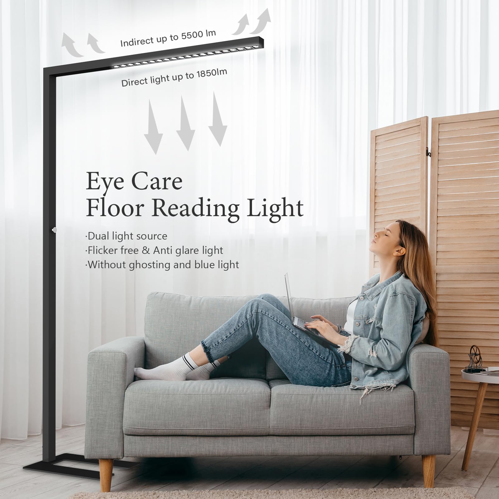 STERREN 77" LED Floor Lamp - 7350LM Dimmable Eye-Care Light, Modern Black Reading Lamp for Office & Living Room, Model NECO-02B-AM