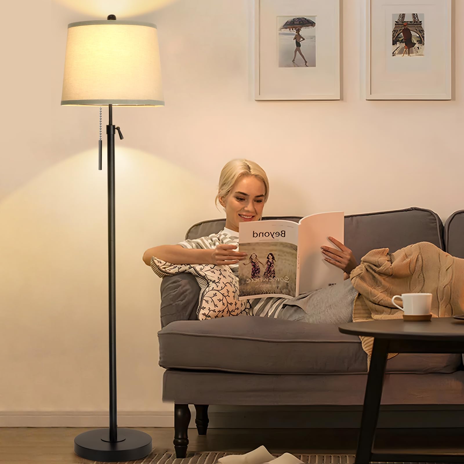 Junnai Floor Lamps For Living Room, Black Floor Lamp Adjustable Height Standing Lamp, Dimmable Modern Tall Floor Lamp For Bedroom Office With Beige Linen Shade, 8W 3000K Bulb Included