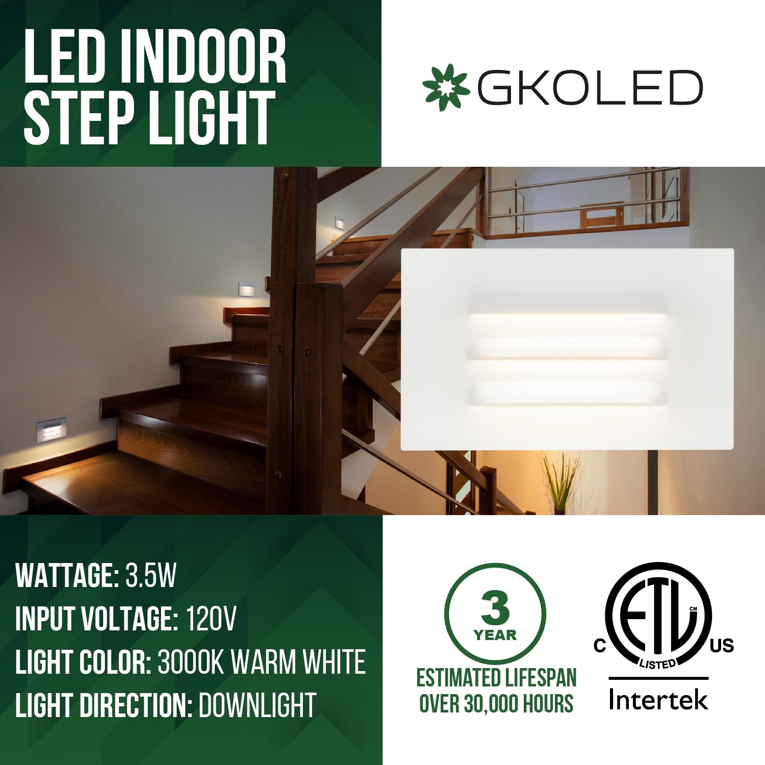 GKOLED Dimmable LED Step Lights, 3.5W, Waterproof, 3000K Warm White, Aluminum, White Finish, ETL Listed, 6 Pack, Line Voltage