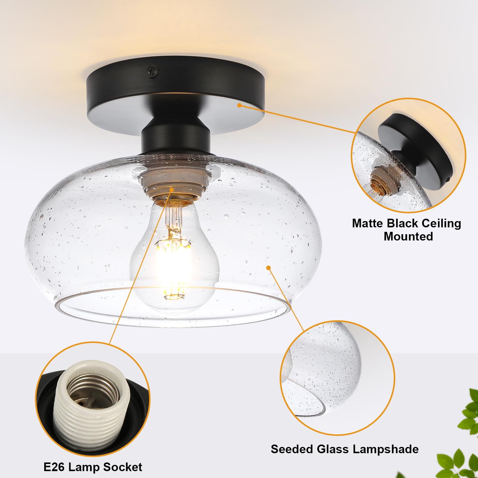 Wilon Industrial Semi Flush Mount Ceiling Light, Hallway Light Fixture With Glass Shade, Small Black Kitchen Ceiling Light Fixtu