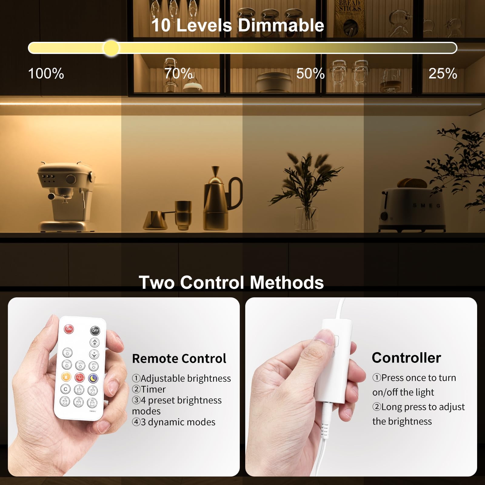 Wobane Under Cabinet Lighting Kit, 9.8Ft Cob Light Strip With 24W Adapter,Rf Remote,Super Bright Daylight For Kitchen Cabinet,Under Desk,Counter Lighting,4000K Natural White,1500 Lumen,Dimmable