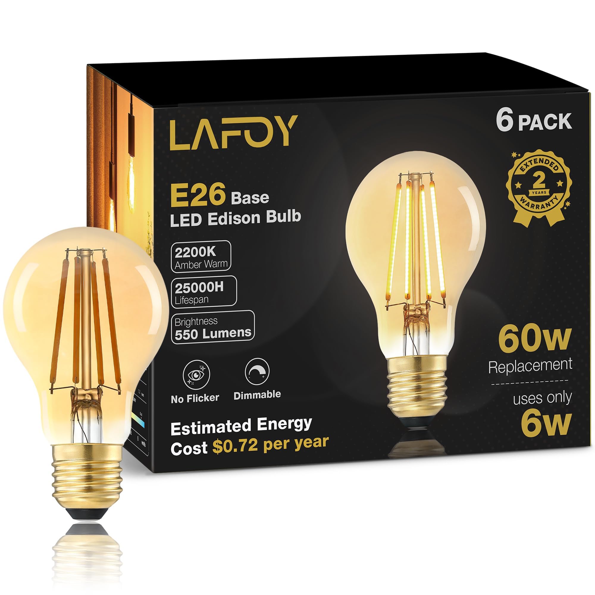 Lafoy A19 E26 Amber Light Bulbs 2200K Soft Warm  Vintage LED Edison Bulbs 60 Watt Equivalent  Dimmable Antique Old-Fashioned Style 60W Replacement  550 Lumen Medium Base Lightbulbs  120V 6 Pack