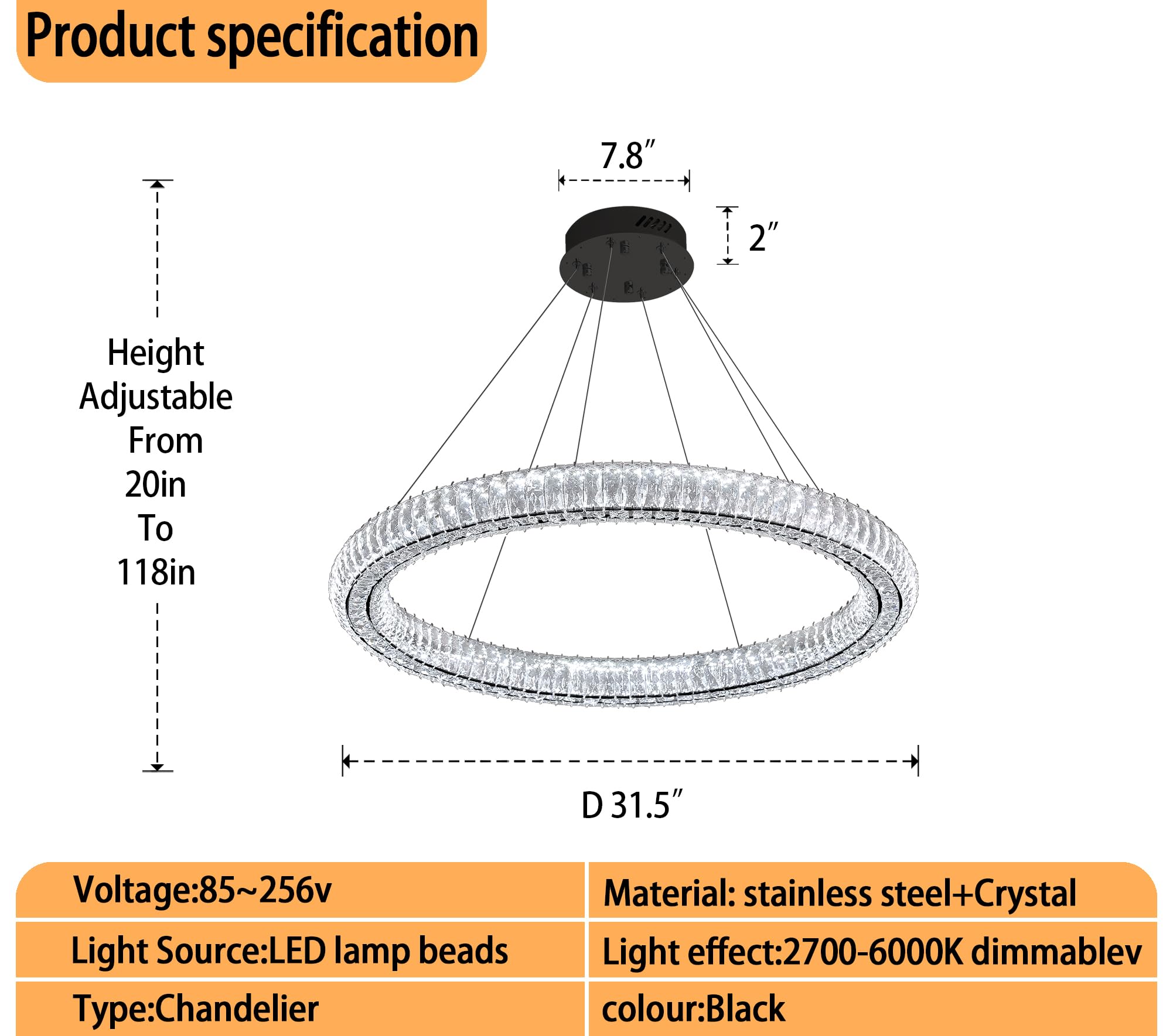 Idequy Modern Crystal Chandelier Dimmable Led 31.5'' Ring Pendant Light Adjustable Black Round Crystal Chandelier Light Fixtures