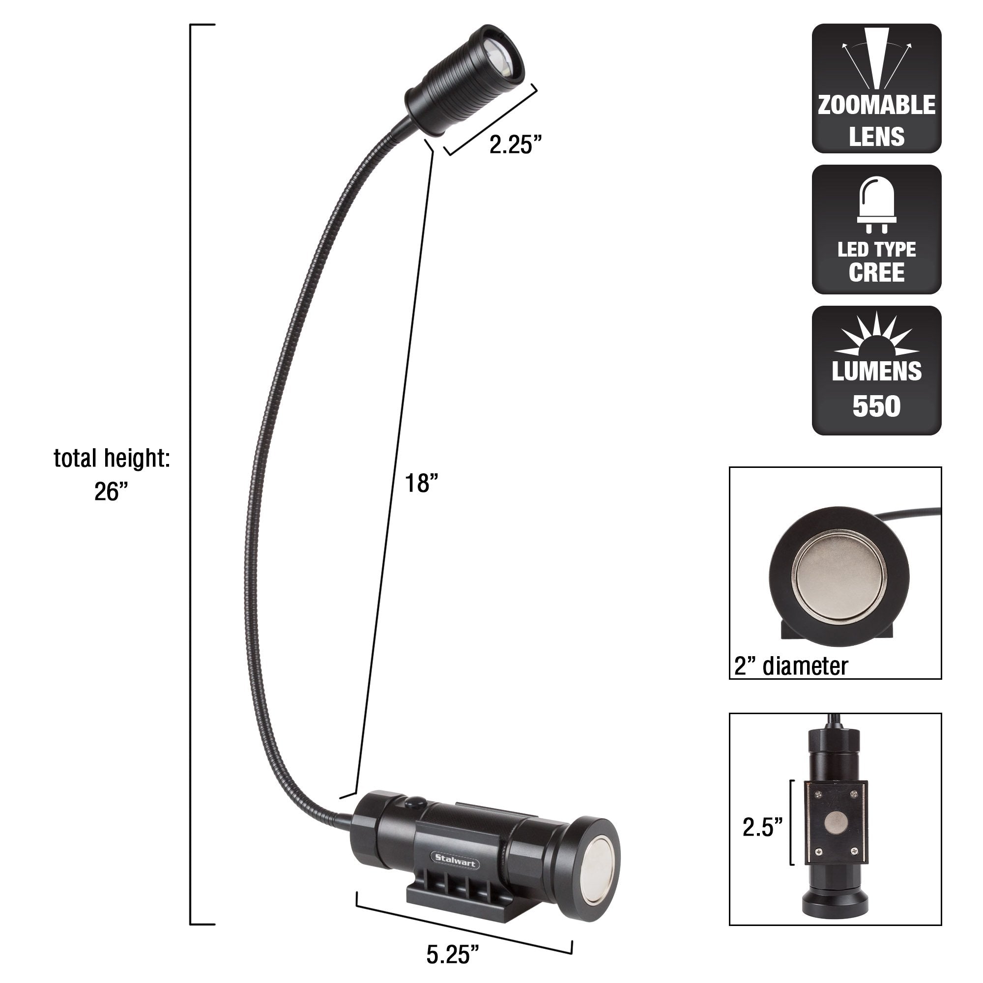 Stalwart Cree Led Work Light - 550 Lumen Magnetic Light Lamp With Flexible Gooseneck - Portable Led Lamp For Sewing, Crafting, Or Workbench (Black)