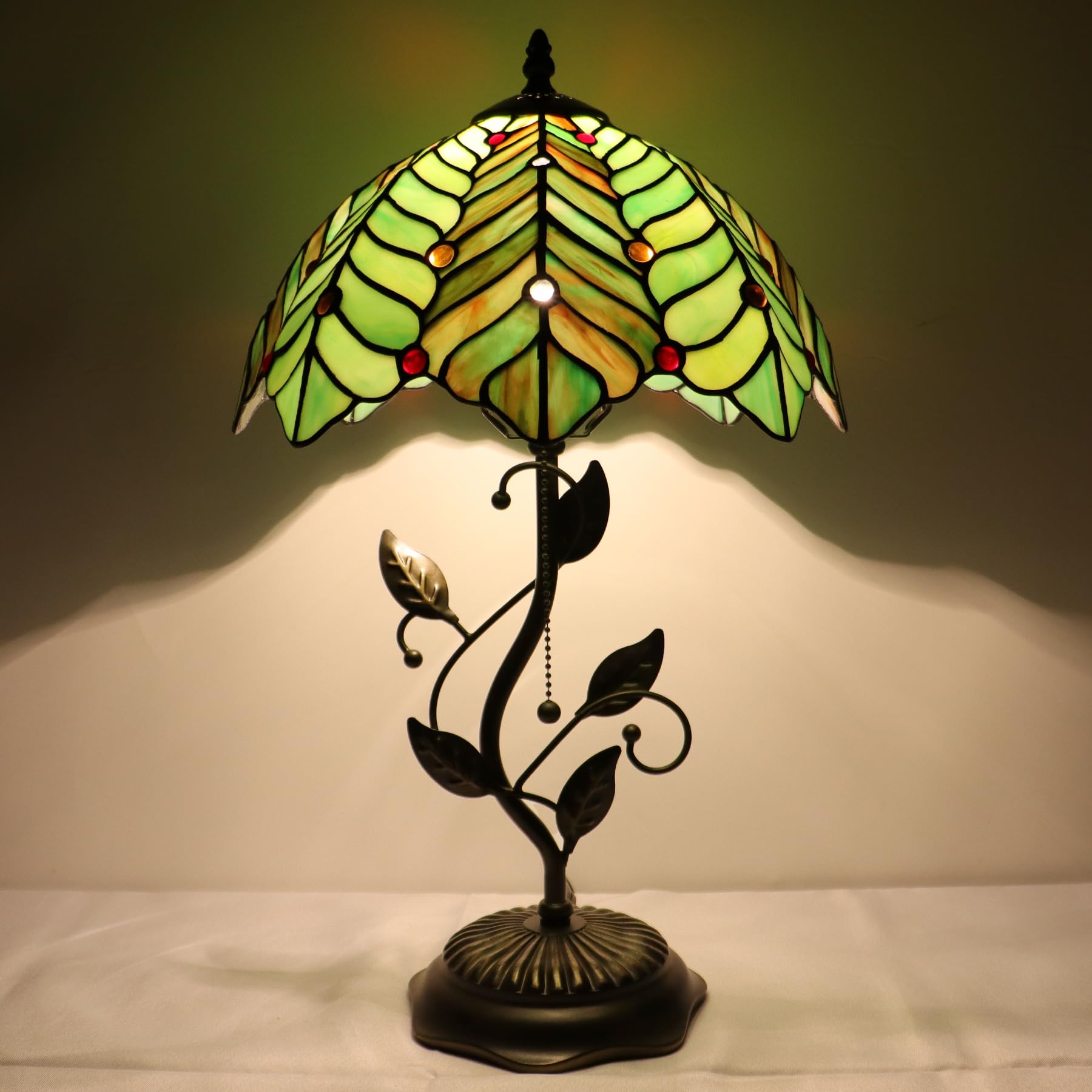 Lxhcyou Tiffany Table Lamp, Stained Glass Desk Light, W12H19 Inch, Metal Leaf Base (Brown Green Leaf)