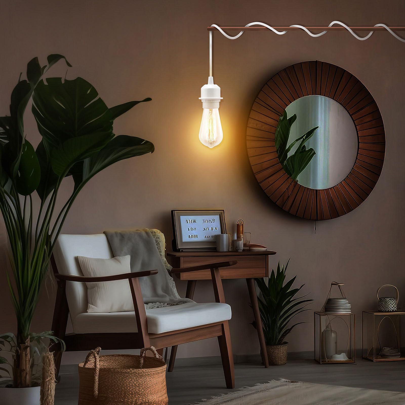 3Pack Plug In Hanging Light Kit, E26/E27 Vintage Hanging Lights With Plug In Cord, Retro Pendant Light Kit, 12Ft Cord With On/Off Switch Ul Listed, Plug In Pendant Light Cord For Hanging Light(White)