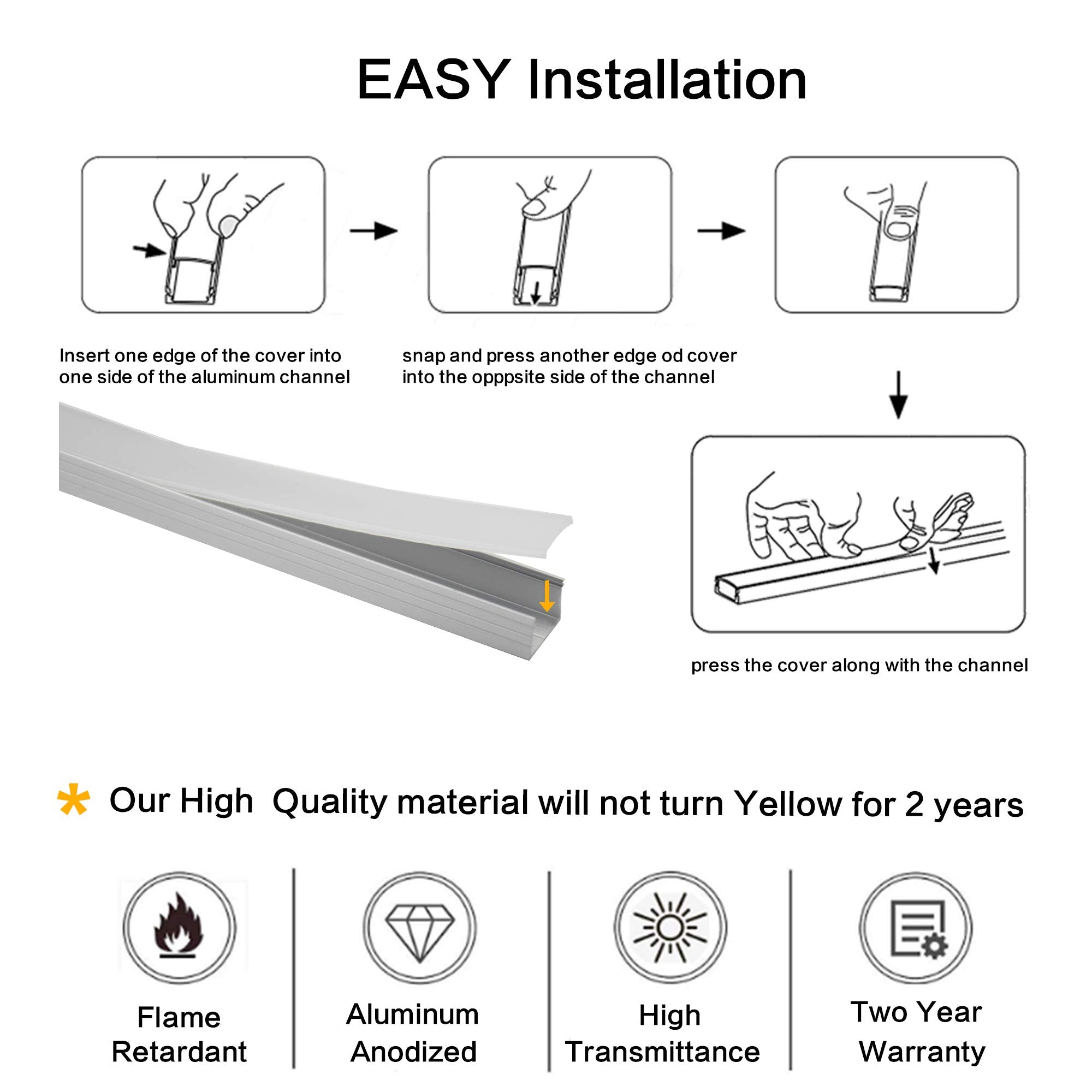 Hunhun 10-Pack 6.6Ft/ 2Meter Plus-Size U Shape Led Aluminum Channel System With Milky Cover, End Caps And Mounting Clips, Aluminum Profile For Led Strip Light, Special For Philips Hue Strip