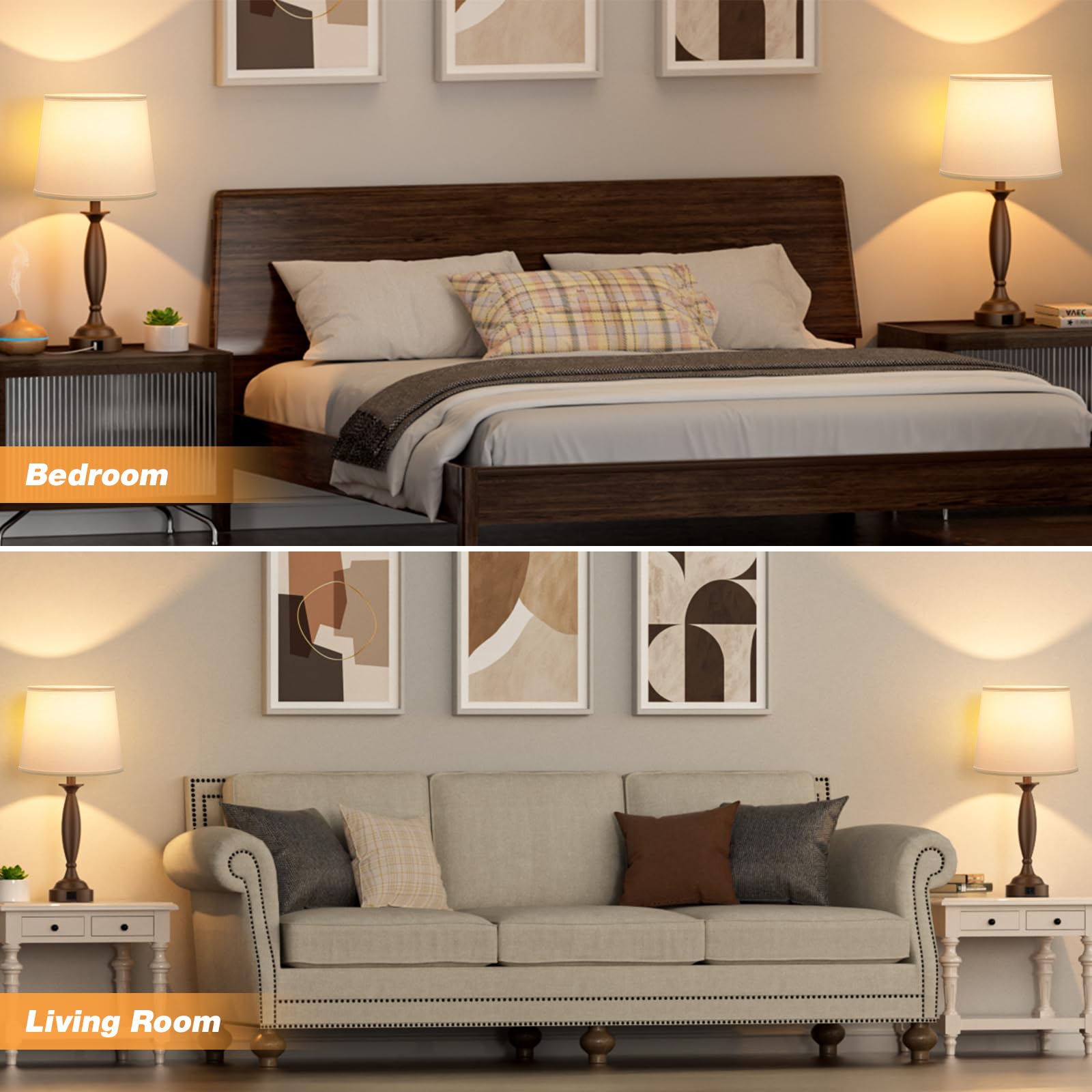 White Brown Lamps For Bedrooms Set Of 2 - Touch Control Bedside Lamp With Usb C+A, 3 Way Dimmable Nightstand Lamps With Usb Port