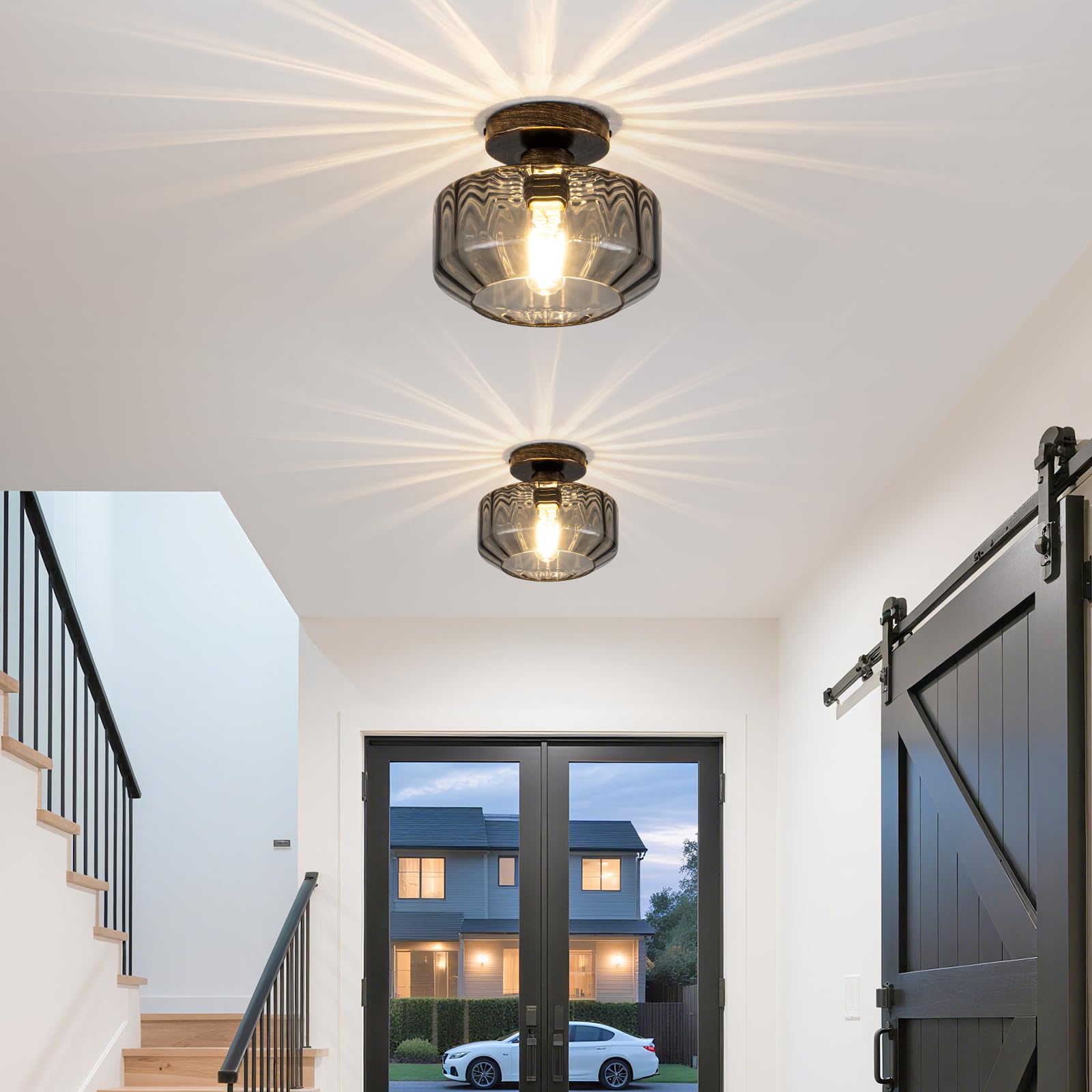 Tbaoinla Smoked Glass Flush Mount Ceiling Light With 1200Lm Led - Black Champagne Gold 8.66 Damp Rated Fixture For Bathroom Kitchen Hallway Modern Lighting