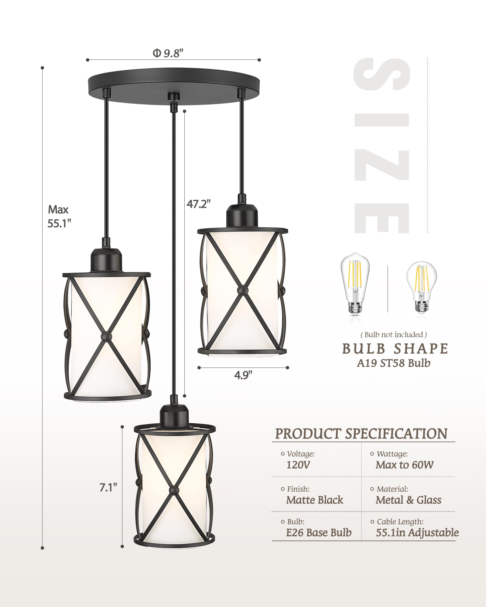 Osimir 3-Light Black Chandelier With Frosted Glass For Dining Room & Kitchen Island