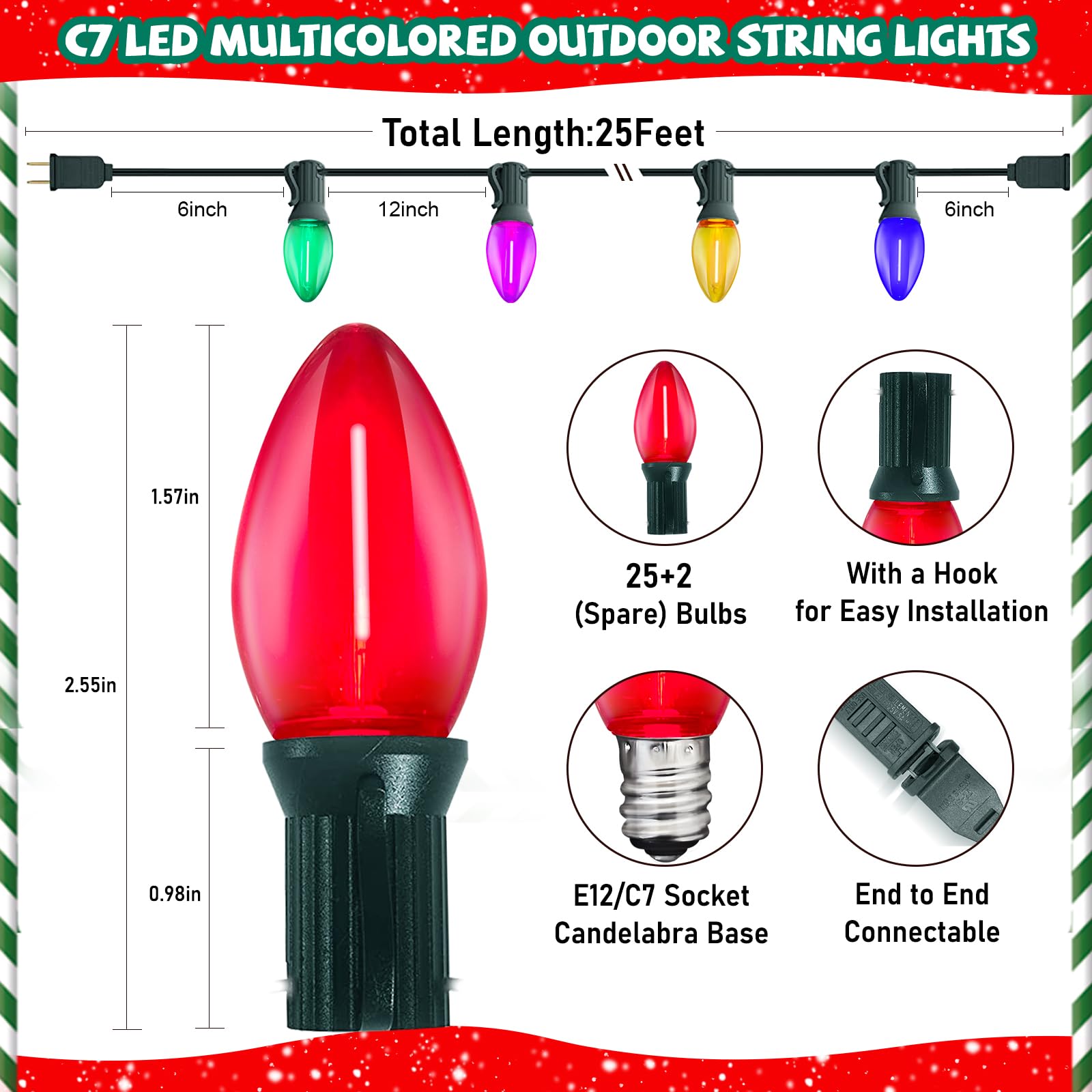 Doratale 25Ft Multicolor C7 Vintage Outdoor String Lights With 27 Led Bulbs(2 Spare), Waterproof For Patio Garden Party Wedding