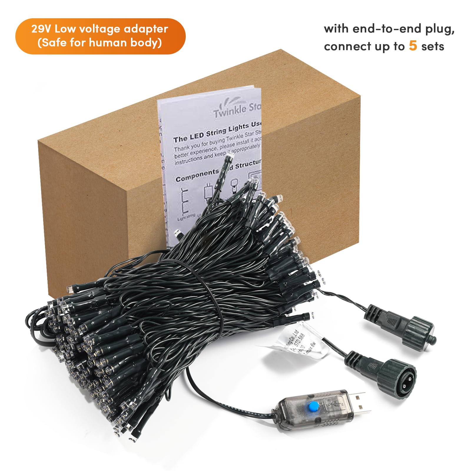 Twinkle Star Christmas Lights Outdoor, 66Ft 200 Led Christmas Tree String Lights Indoor For Xmas Party Decorations, Warm White, Usb Mode