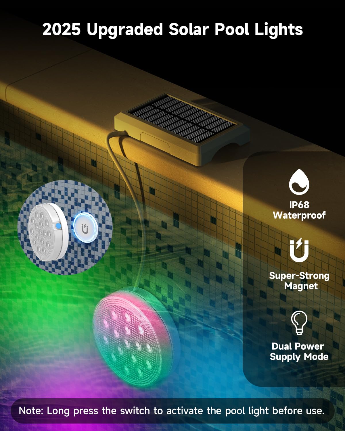 VeoeV 2-in-1 Solar Rechargeable Pool Lights, IP68 Waterproof, 16 Colors RGB, Remote Control, 4 Pack, Acrylonitrile Butadiene Styrene