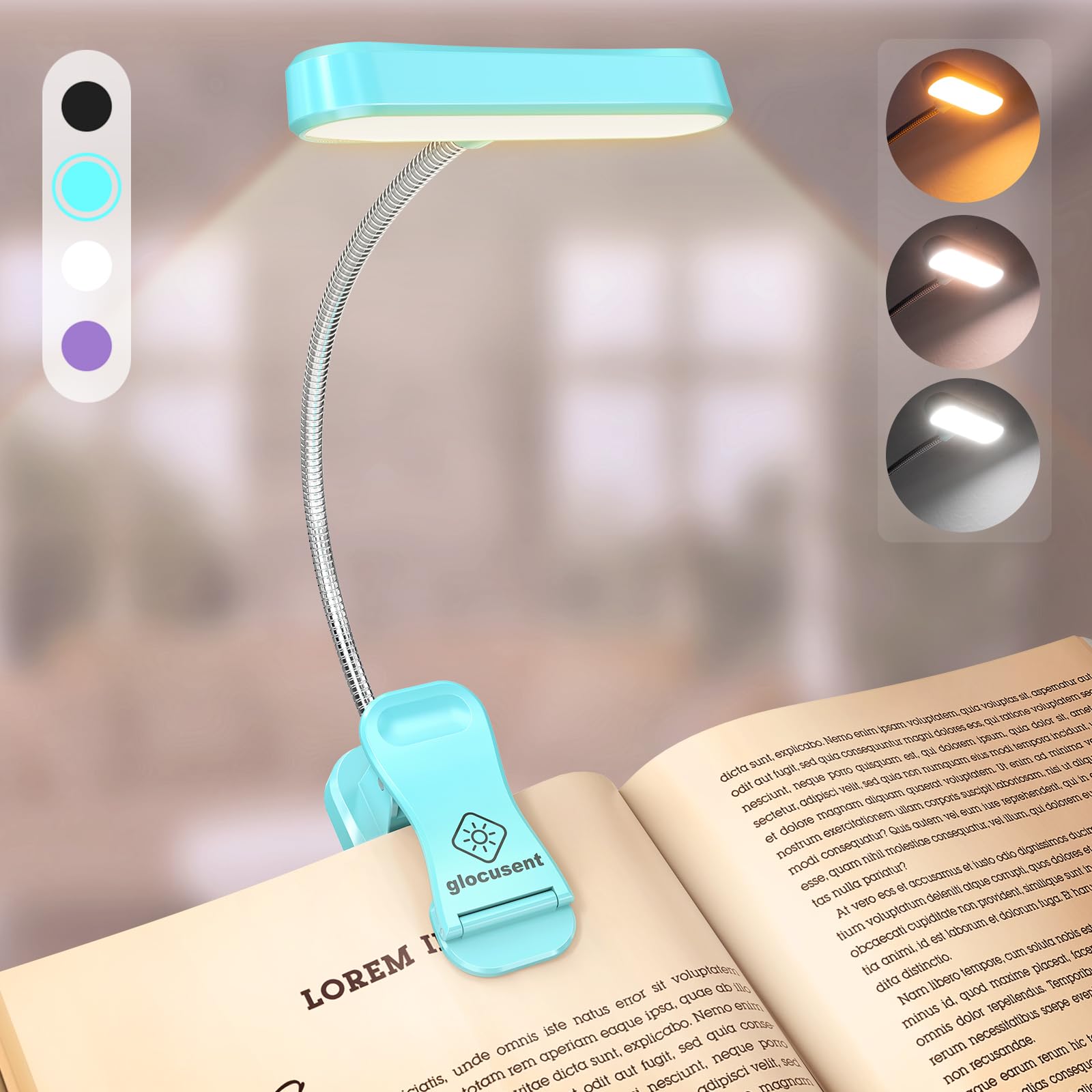 Glocusent Horizontal ET-Head Book Light for Reading in Bed, Eye Caring, CRI 95, 3 Colors & 5 Brightness, Rechargeable Long Lasti
