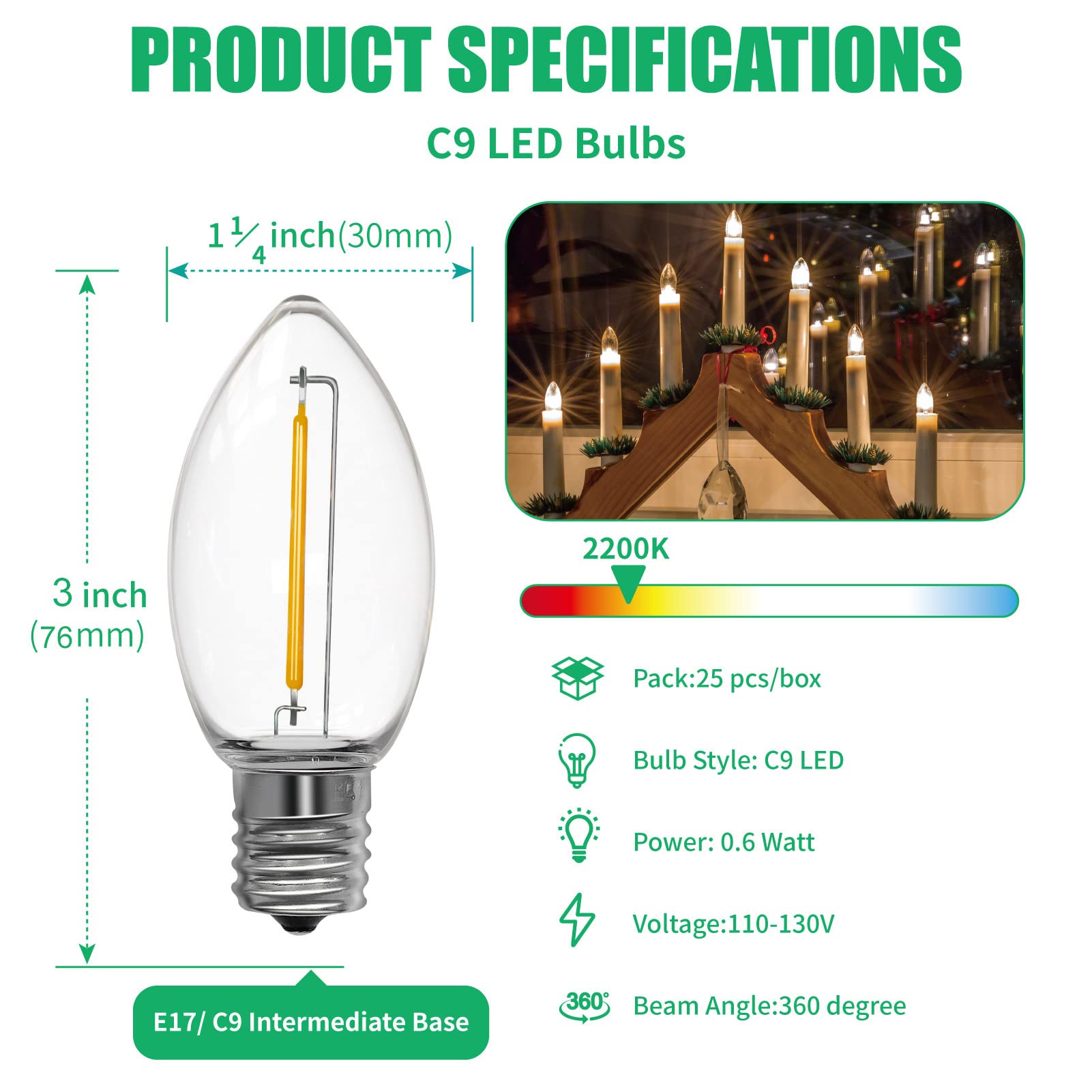 Meconard C9 Led Replacement Christmas Light Bulbs, 100 Pack C9 Shatterproof Plastic Led Bulbs For Christmas Outdoor String Light