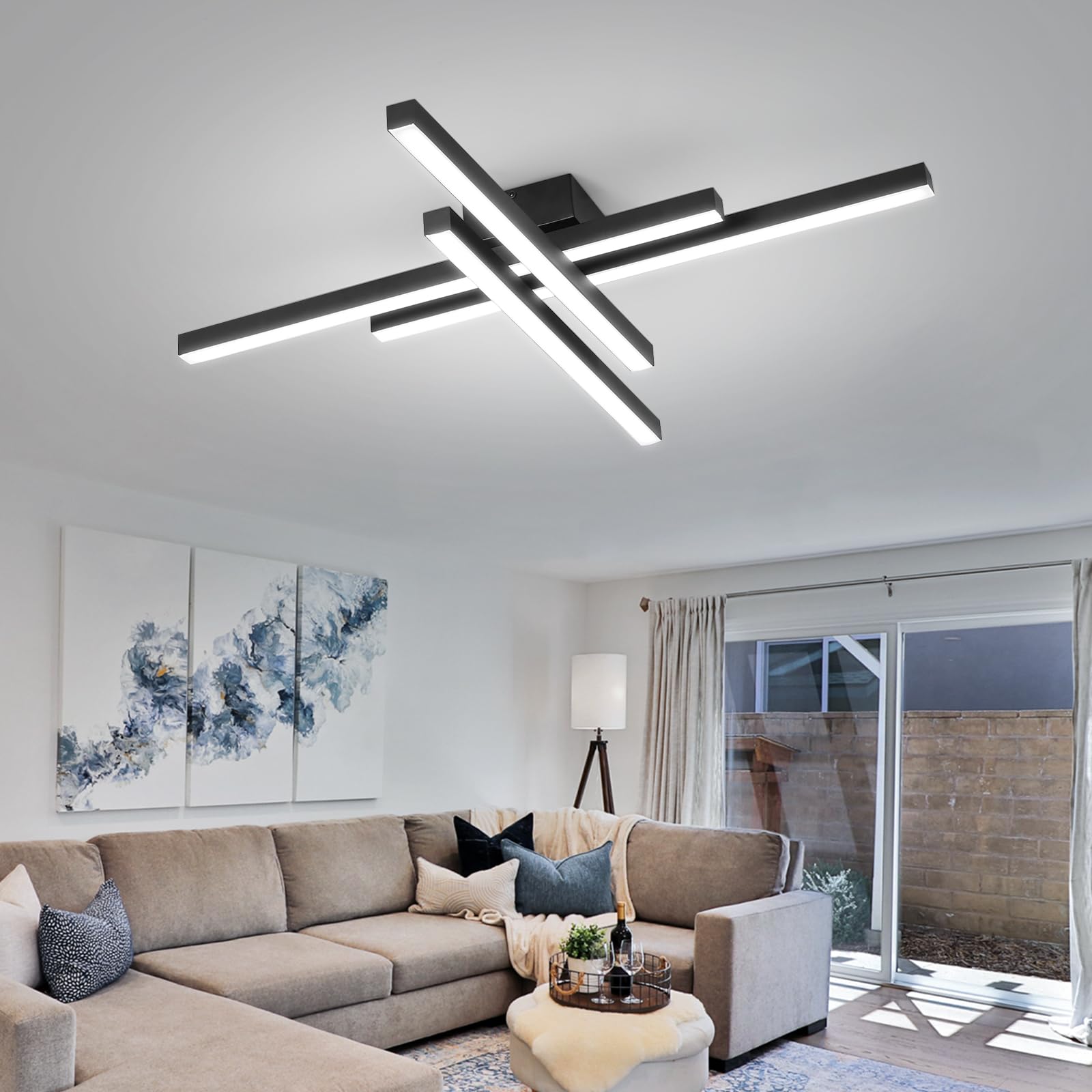 JAYMP Modern Ceiling Light, 43.3" Black Sputnik Lamp, 64W Dimmable LED, 4 Lights, Ideal for Dining Room, Living Room, Kitchen