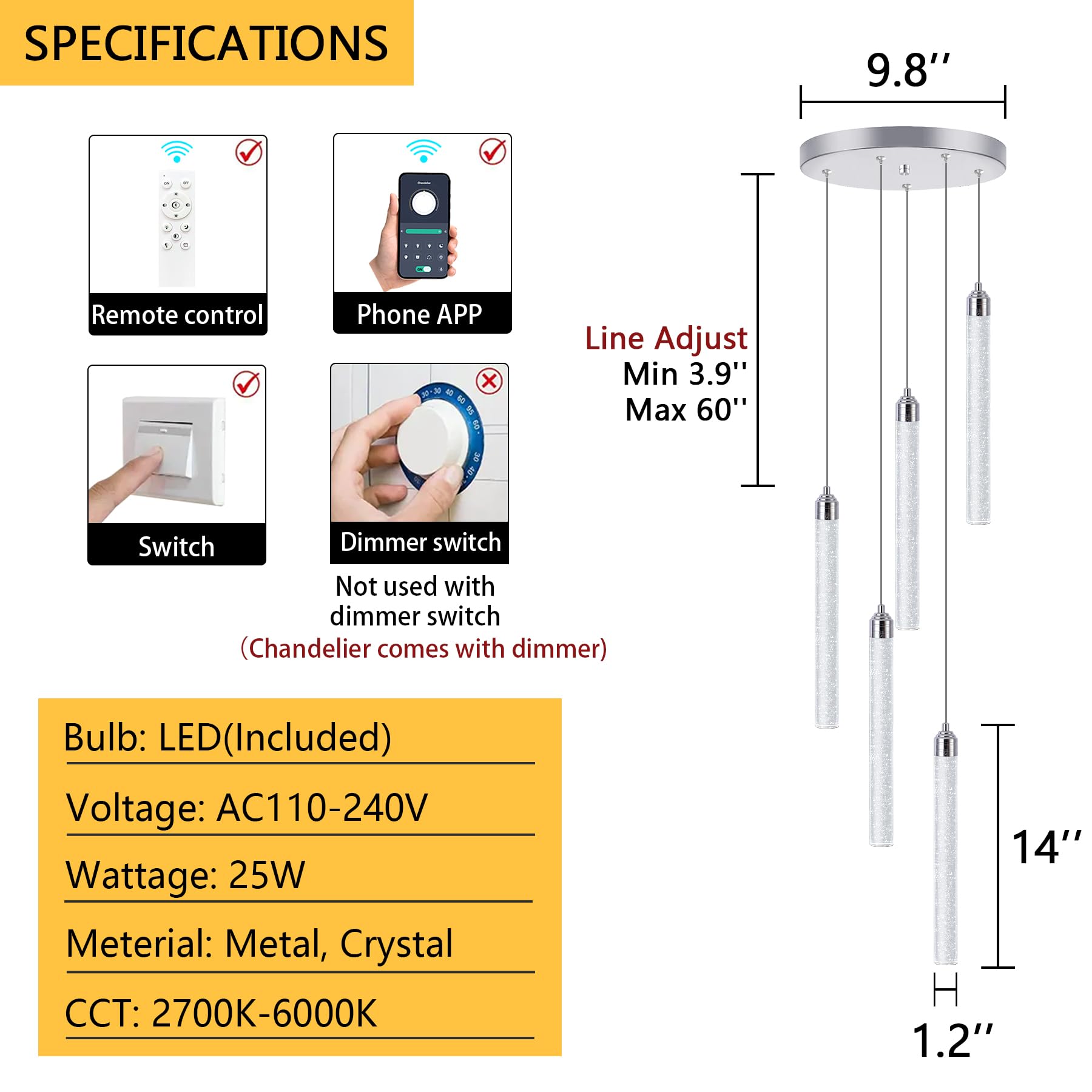 5 Light Mini Chandelier Led Pendant Lighting For Kitchen Island Modern Bubble Crystal Pendant Light Adjustable Pendant Light Fix