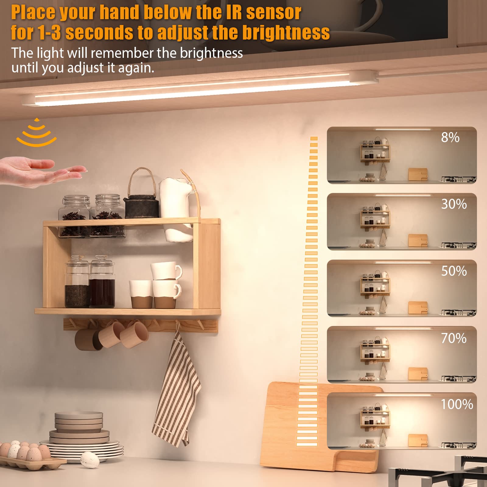 Myplus 16 Inch Under Cabinet Lights With Hand Wave, Under Counter Lighting 4000K Natural White,Dimmable,Plug And Play,Led Lights