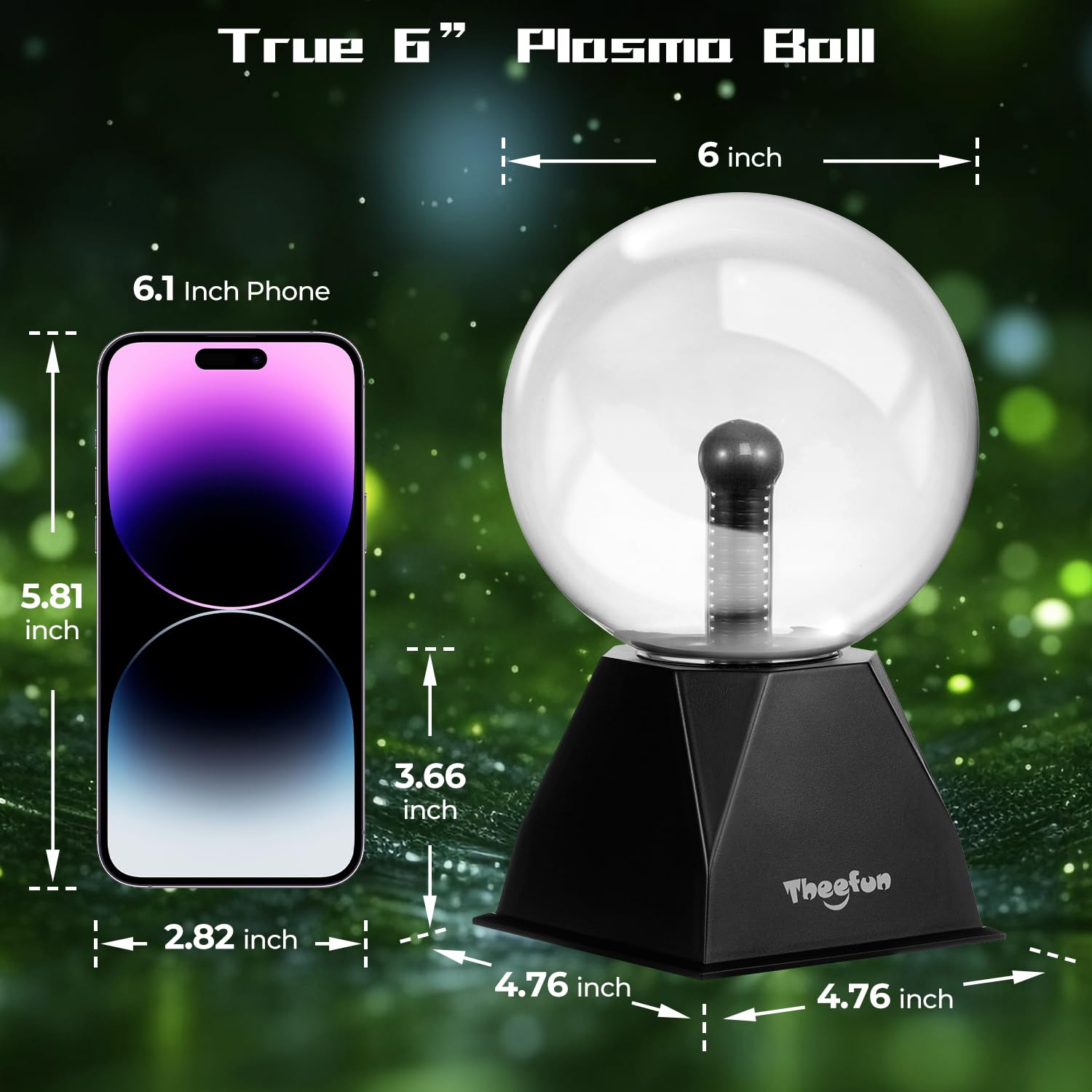 Theefun Green Plasma Ball: 6 Inch Plasma Globe Touch & Sound Sensitive Plasma Ball Lamp Electric Ball Lightning Novelty Light For Parties, Home, Prop, Room Decoration, Christmas Gifts