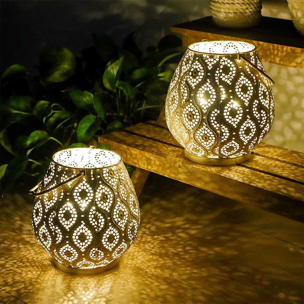 TRIROCKS Set of 2 Moroccan Decorative Lamps 8 High Battery Powered Cordless Lamp Metal Table Lamps with Fairy Lights Bulb for