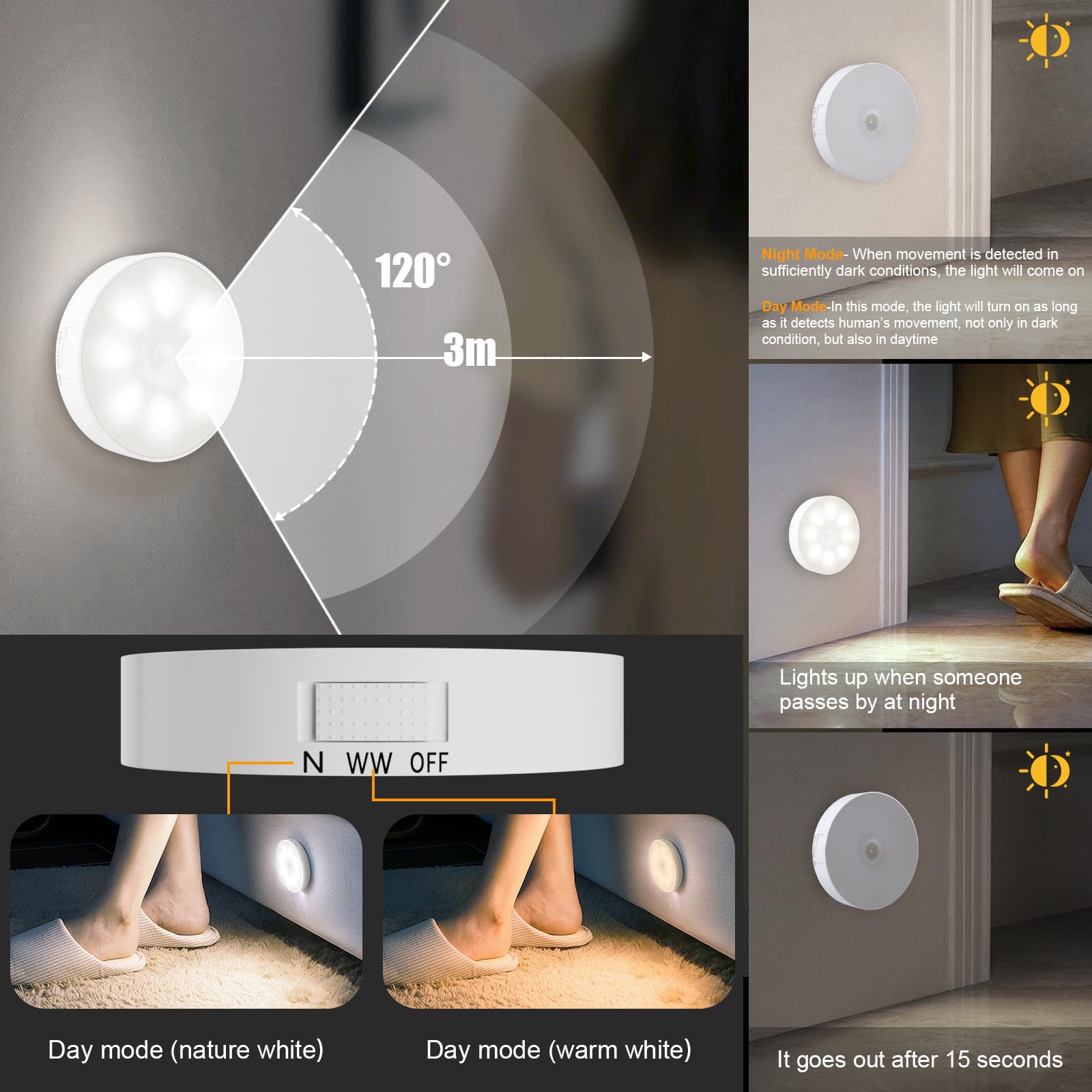 6 Pack Under Cabinet Lights [With Remote], 16 Leds Wireless Motion Sensor Light Puck Light, 3 Color Temps Dimmable 3000-6000K, R