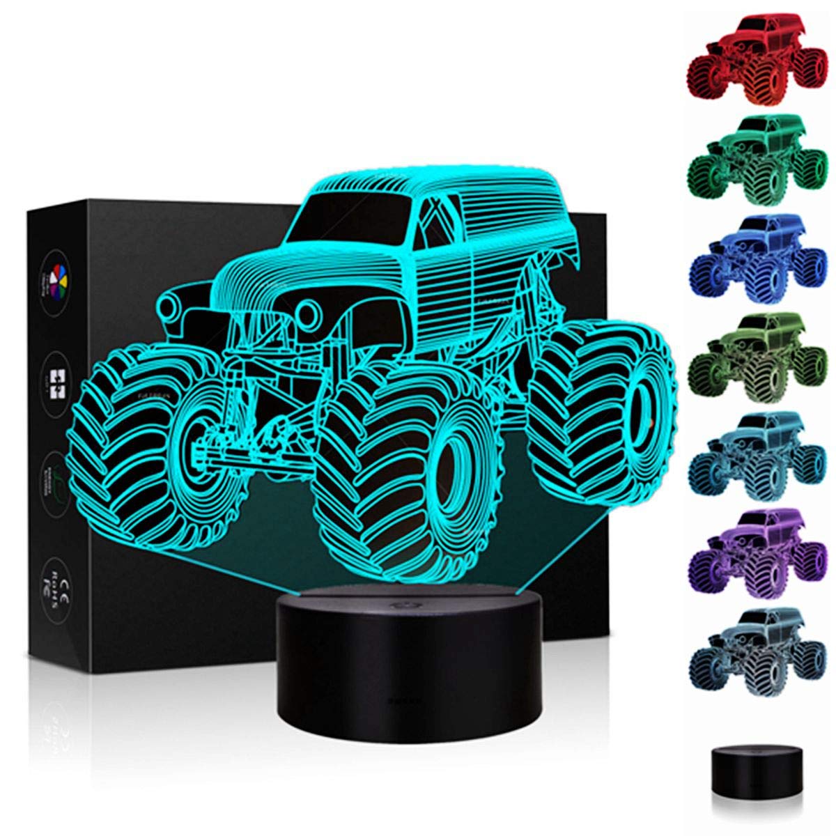 3D Illusion Lamp Night Light Monster Truck for Kids 7 Color Changing Touch Switch Table Desk Decoration Lamps Christmas Gift wit