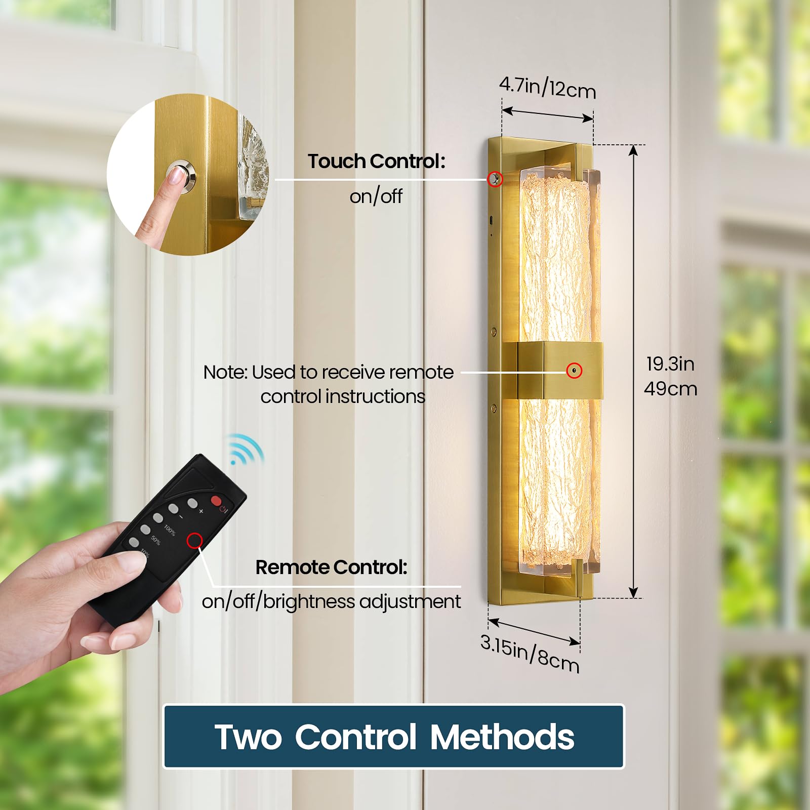 WOSHITU Battery Operated Wall Sconce - 19" Gold Dimmable LED Light, Wireless Rechargeable, Iron Modern Fixture for Living Room, Bedroom, Bathroom