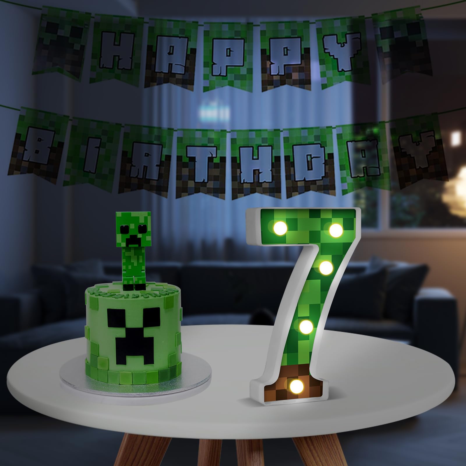 AXBMM Pixel Game Light Up Sign, Number 7, 8.5in Table Centerpiece, Green/Brown, PP Plastic, LED, Model XY-371