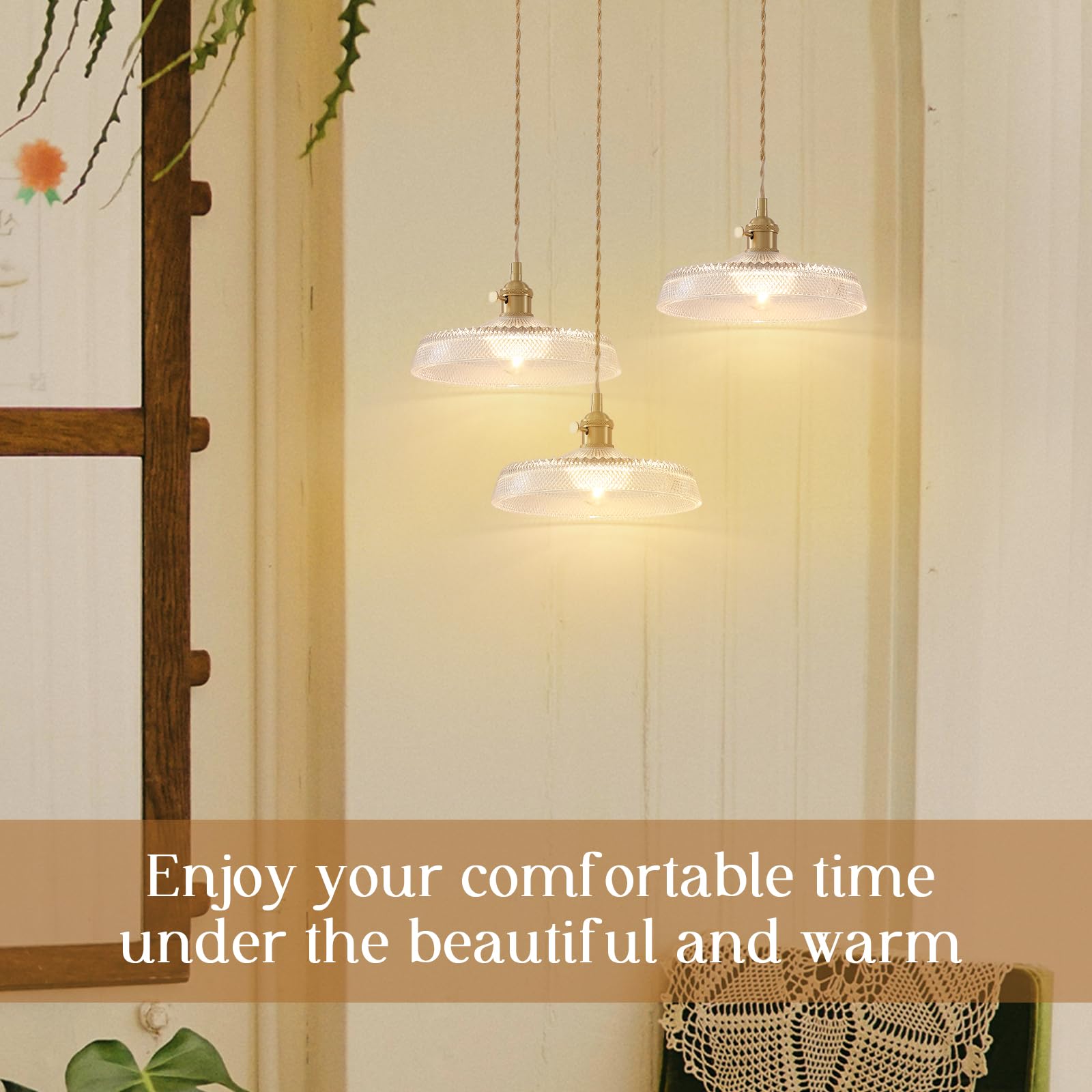 Oyisen Pendant Lights Kitchen Island, 9.1 Inch Retro Glass Lampshade Hanging Lamp Industrial Golden Light Cord Hanging Lights Fo