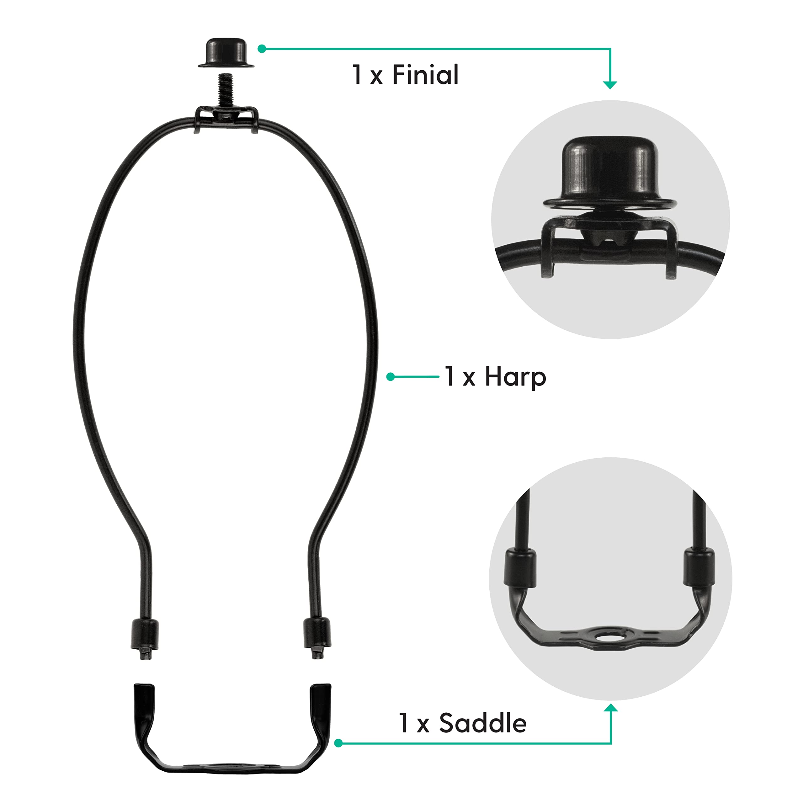 I Like That Lamp Complete Lamp Harp Set (1 Pack) - Black 10 Harp (Suitable for a 11 to 12 Lampshade) - Includes Harp, Saddle Hol