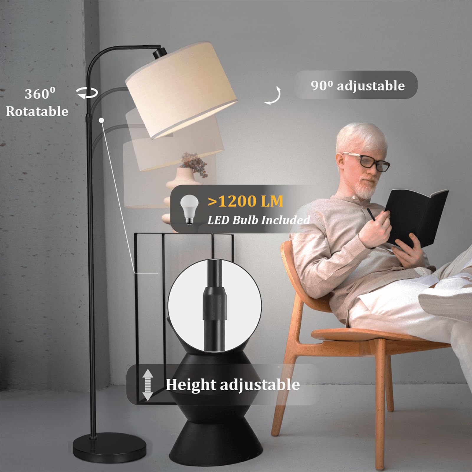 FINNCHY Black Floor Lamp with Remote Control, 1200 Lumens Adjustable Height Arc Floor Lamps for Living Room, Black Standing Lamp