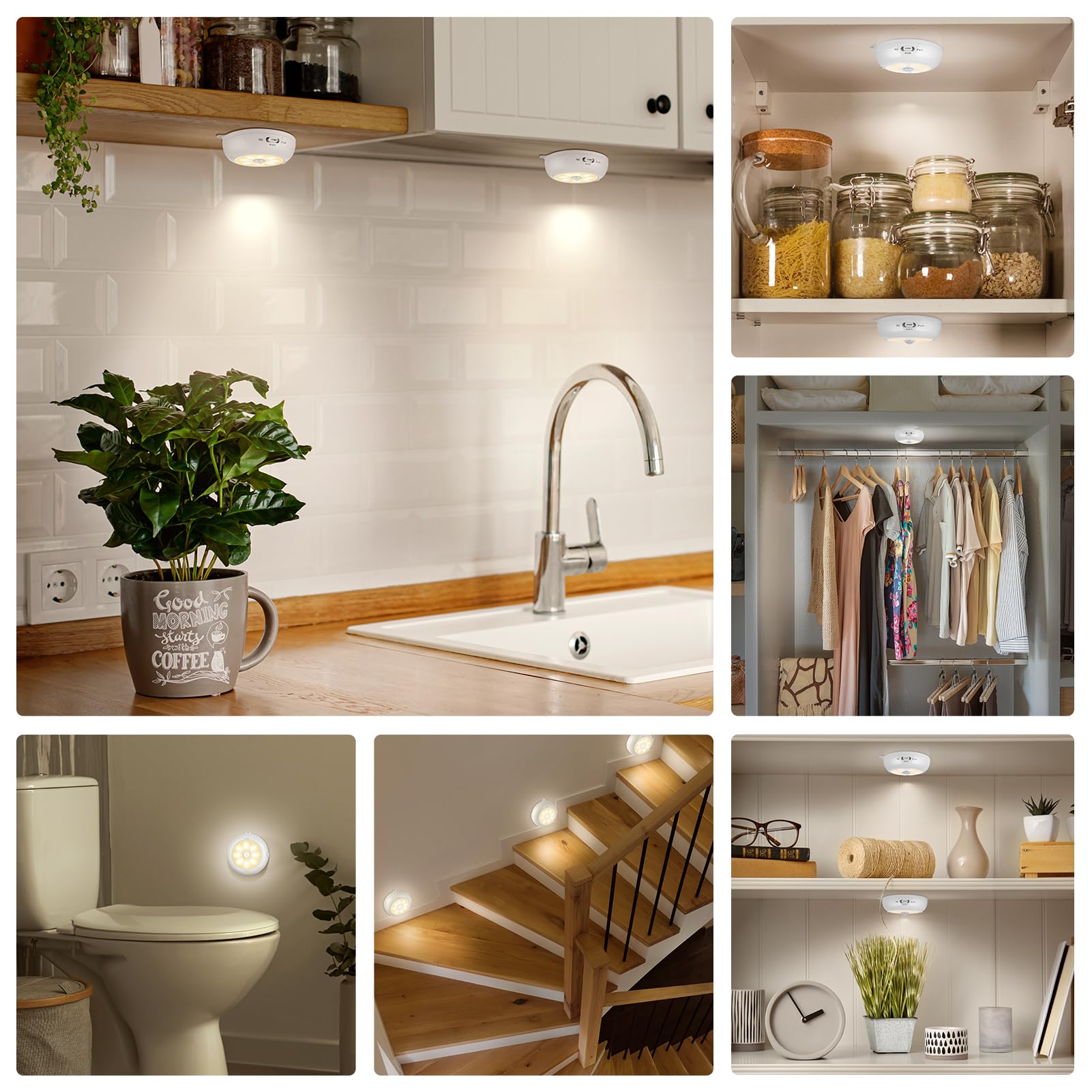 Reoshine Under Cabinet Lighting  Led Puck Lights Aa Battery Operated  Closet Lights Motion Sensored For Kitchen  Shelf  Dimmable & Magnetic  3000K Warm White (6 Pack)