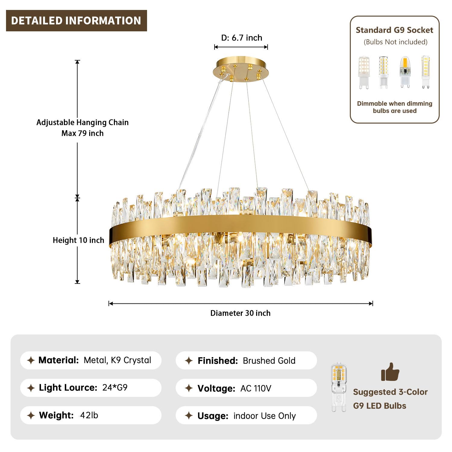 TMAFON Modern Brass Gold Crystal Chandelier, 30" K9 Crystal Pendant Light for Dining Room, Model TMAZ-8047-D760GD