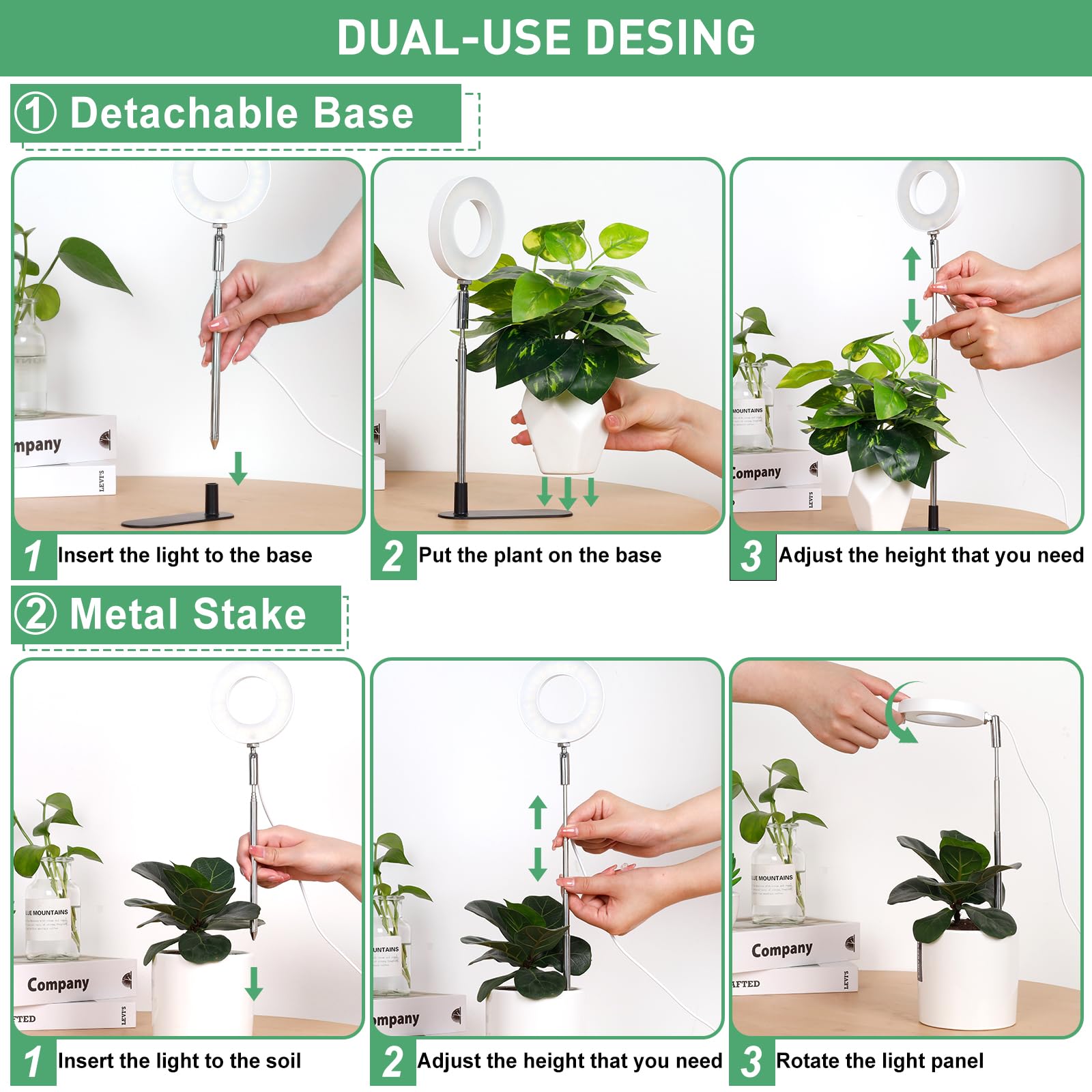 Lordem Plant Grow Light, Full Spectrum Halo Desk Plant Light, Height Adjustable 7.8&quot;-26&quot;, Led Growing Lamp, Automatic Timer 4H/8H/12H, 4 Level Dimmable, Ideal For Indoor Plants,White, 2 Pack